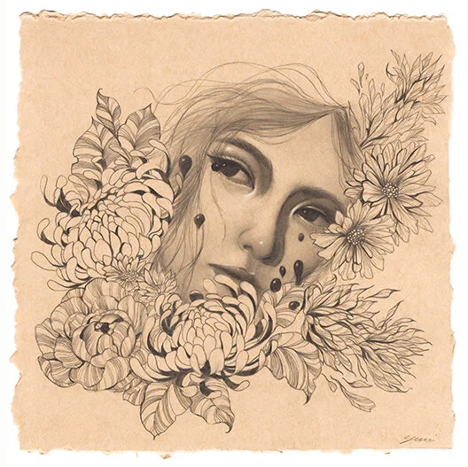 A pencil sketch of a woman's face surrounded by detailed flowers and foliage, with her looking contemplative.