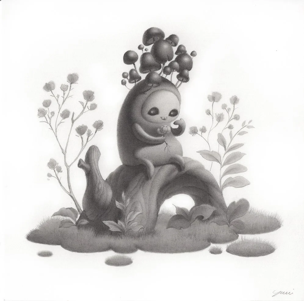 A cute cartoon creature sitting on a tree branch, holding a small object, surrounded by plants and foliage, in black and white.
