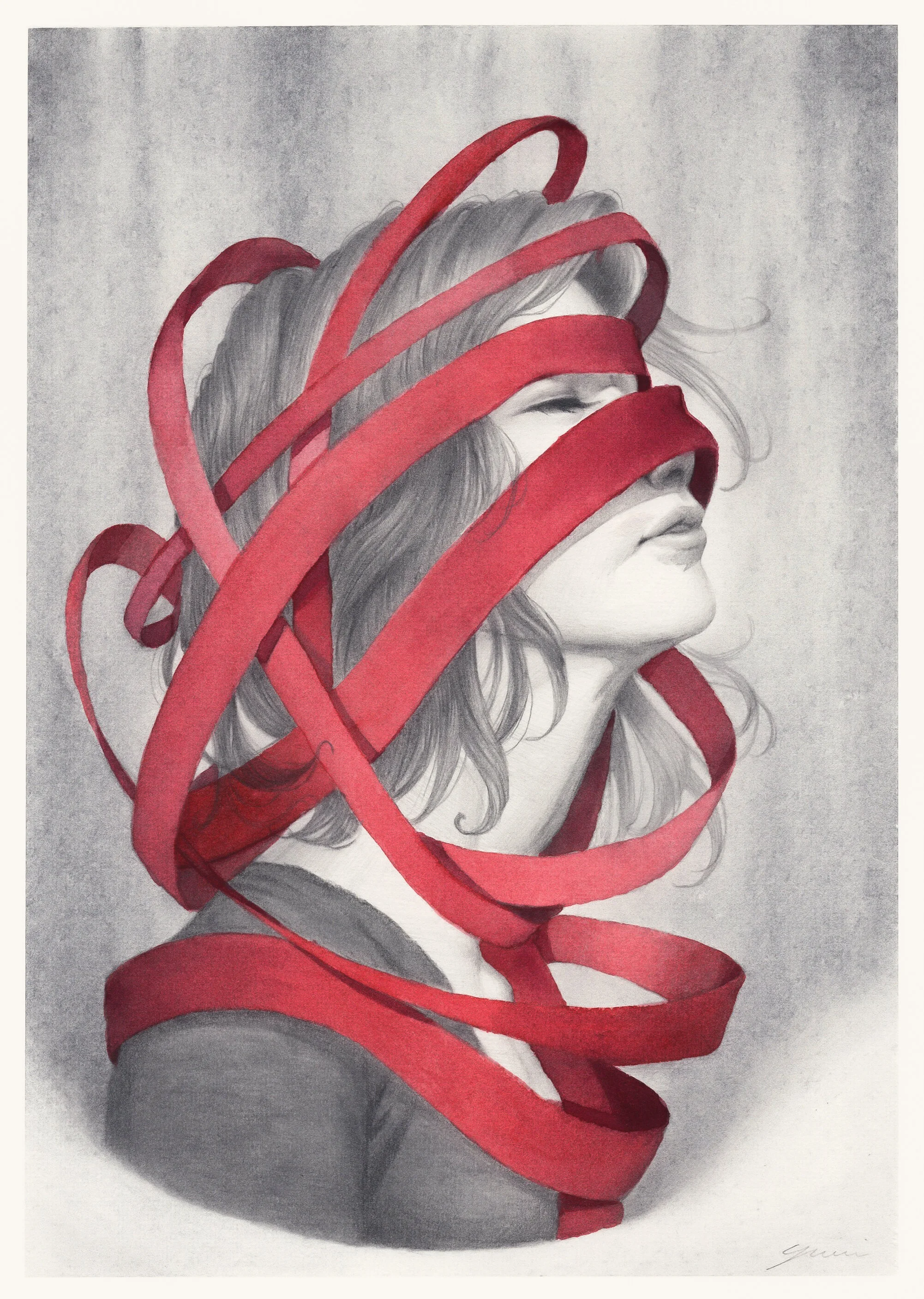 A black and white portrait of a woman with wavy hair and her eyes closed, wrapped with red ribbons that twist around her head and shoulders.