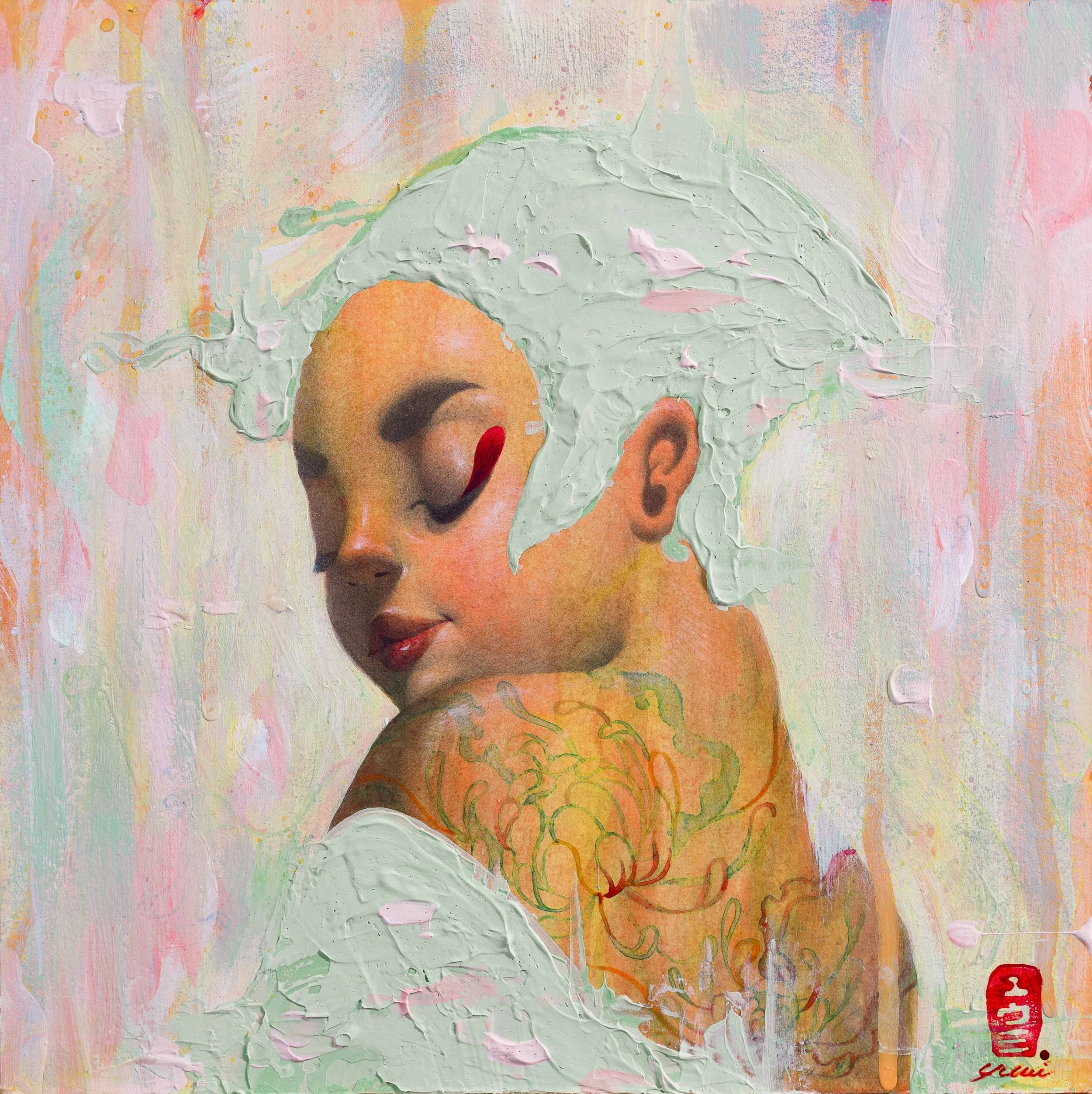 An animated portrait of a woman with a serene expression, closed eyes, and a colorful tattoo on her shoulder. Her hair appears to be textured white with pastel colors blending in a painterly style.
