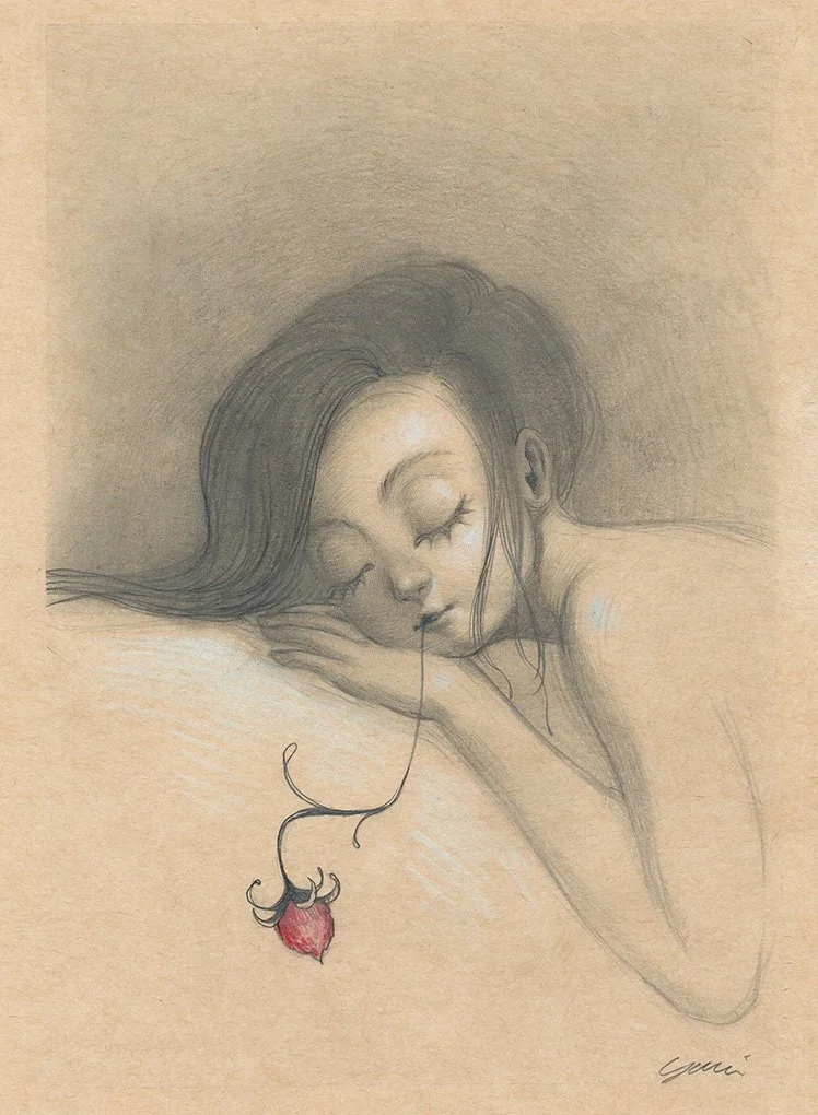 A soft pencil drawing of a young woman with long hair, sleeping with her head resting on her arm. There is a long strand of hair resembling a fishing line with a small, stylized fish hanging from it, drawn with a red and dark color.