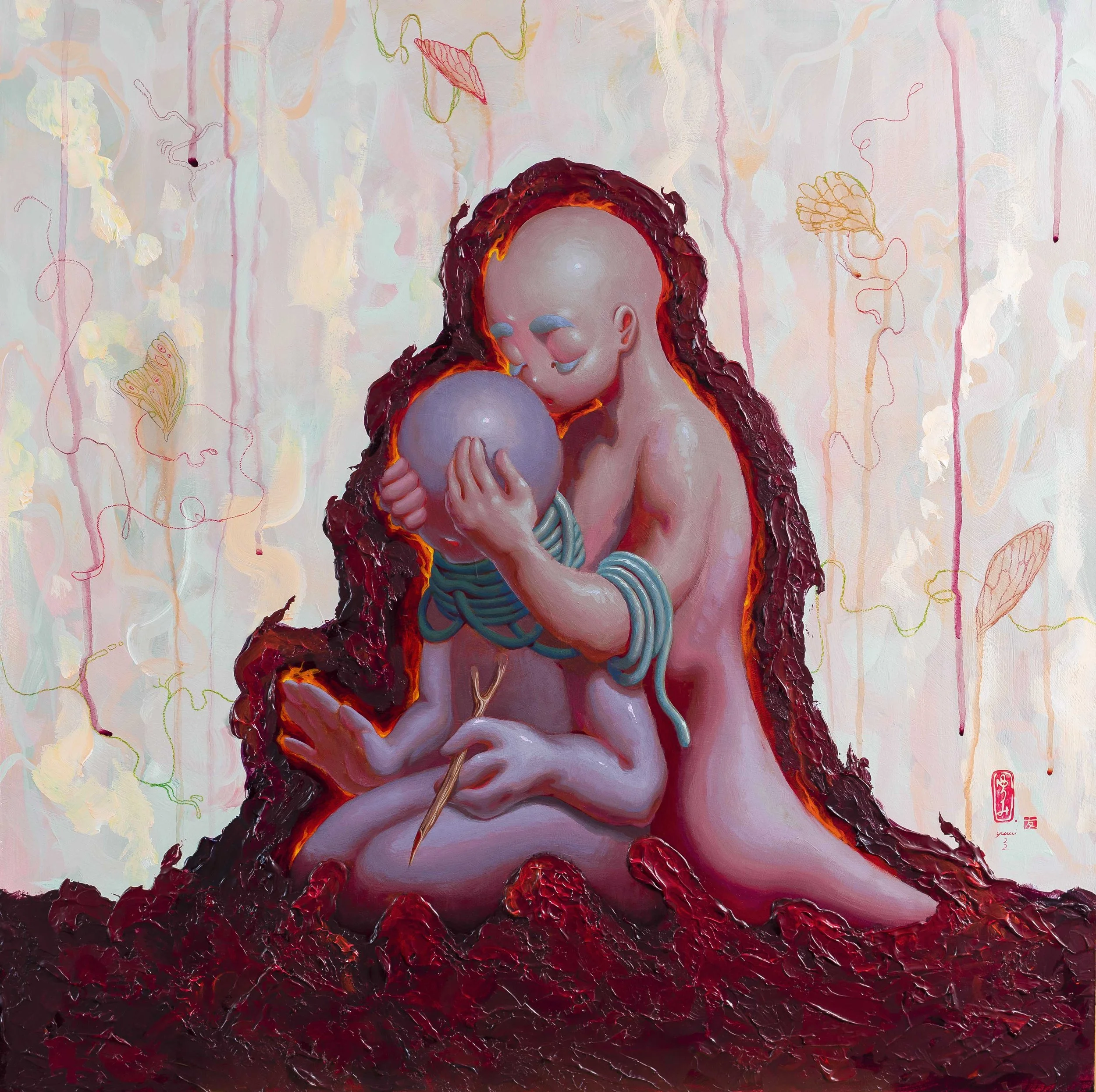 A surreal painting of two humanoid figures with smooth, bald, featureless faces, embracing each other. One figure, with a joyful expression, holds a glowing sphere and has a mountain-like base beneath them, created with thick, textured red paint. The