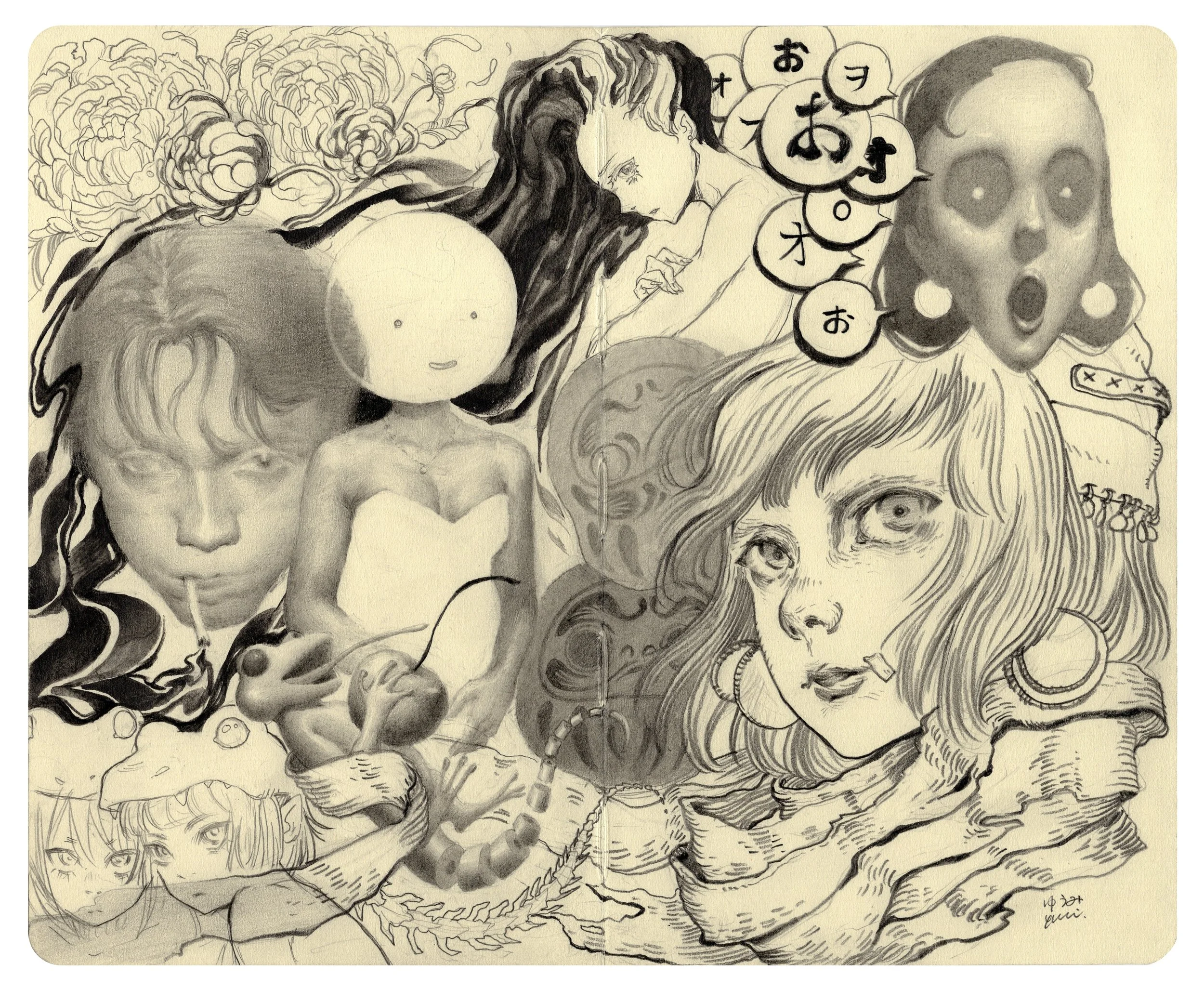 A monochrome collage of various faces and characters, including a woman with large eyes and wavy hair, a doll with a blank face, an anime-style girl with long dark hair, a masked face with exaggerated features, and smaller sketches of children and ab