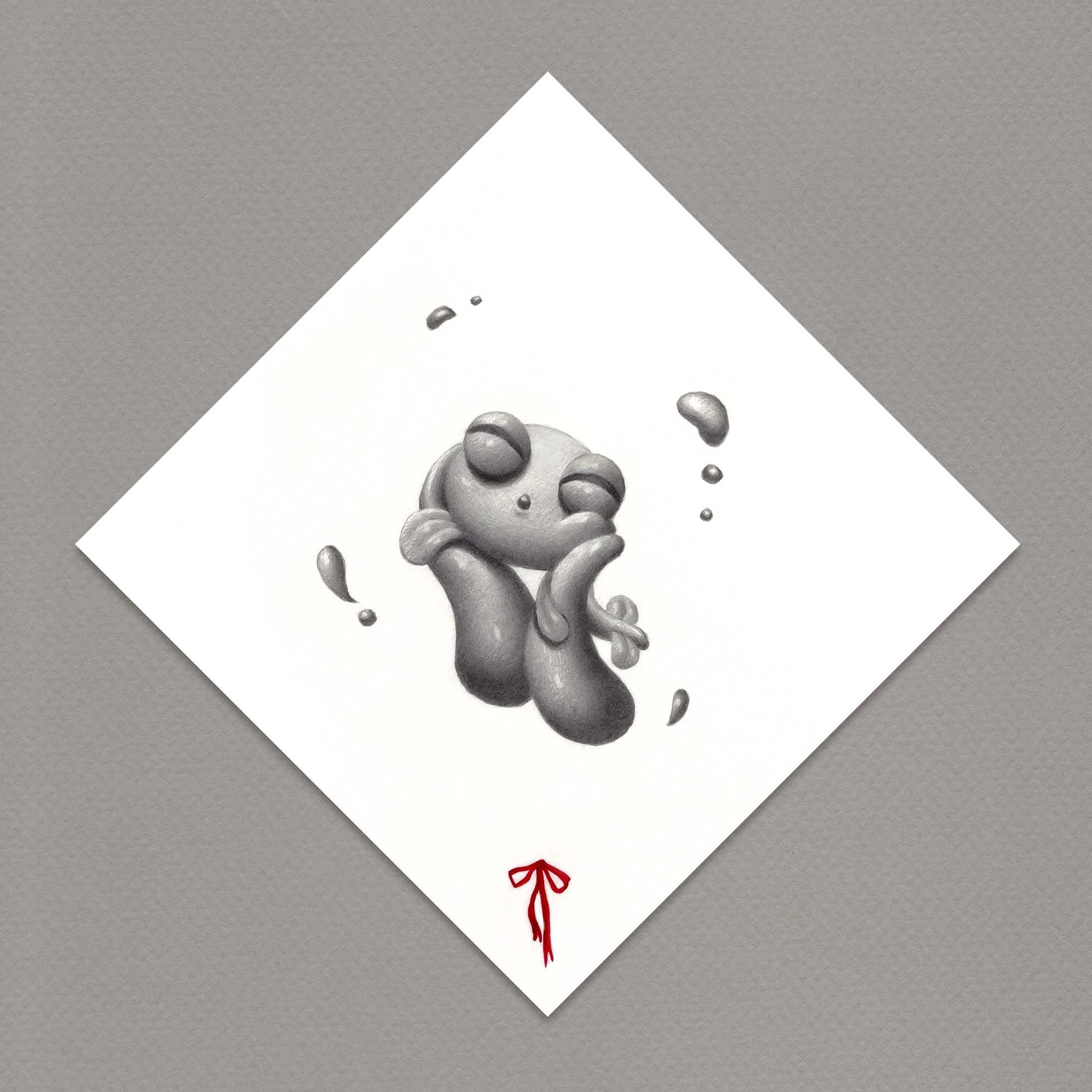 A grayscale illustration of a sitting dog with floppy ears, surrounded by scattered beads of water, on a white background with a small red bow at the bottom.