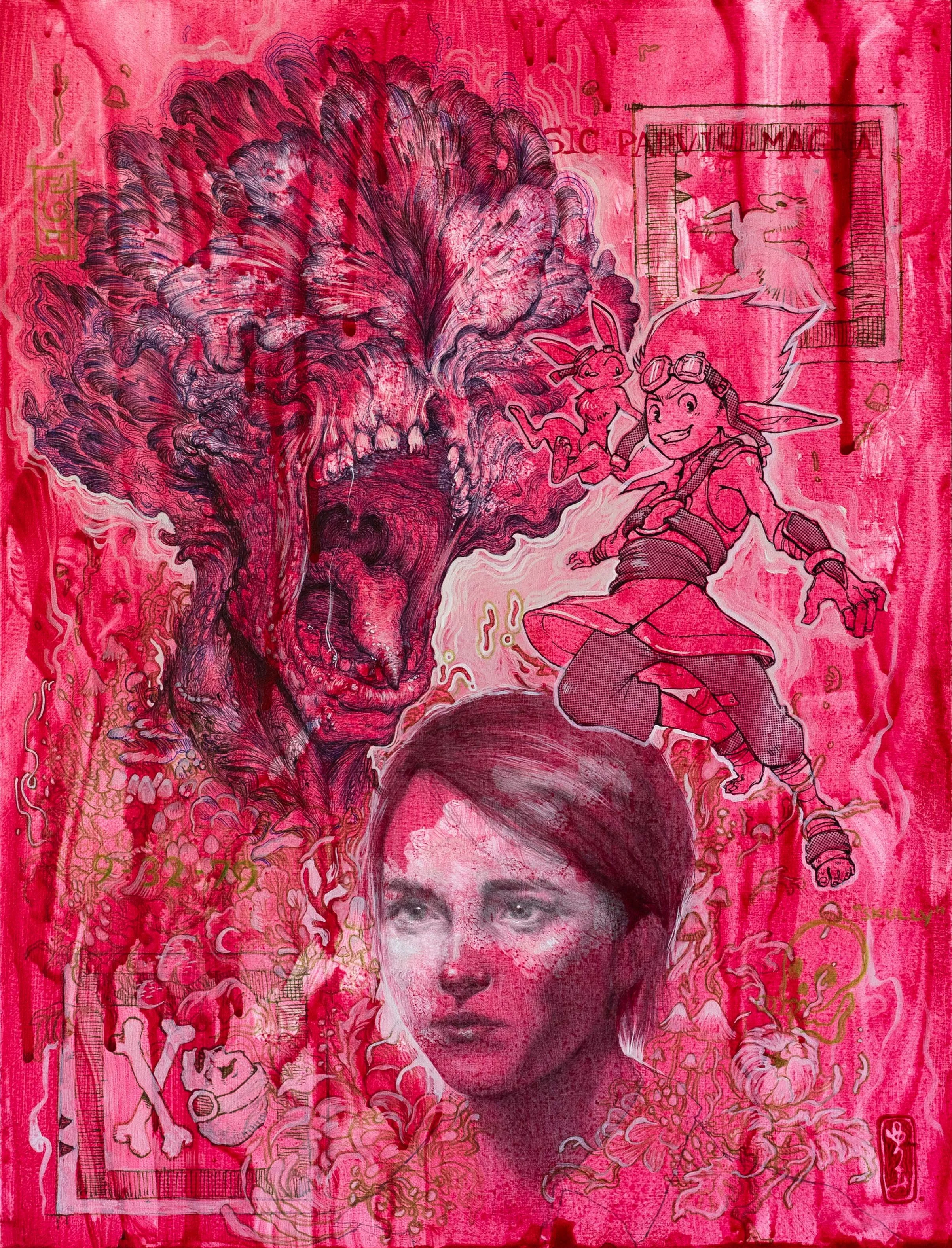 A collage with a pink background featuring a large screaming wolf head, a girl with goggles and a small creature, a person with a serious expression, a tree, skulls, flowers, and various sketches and doodles.