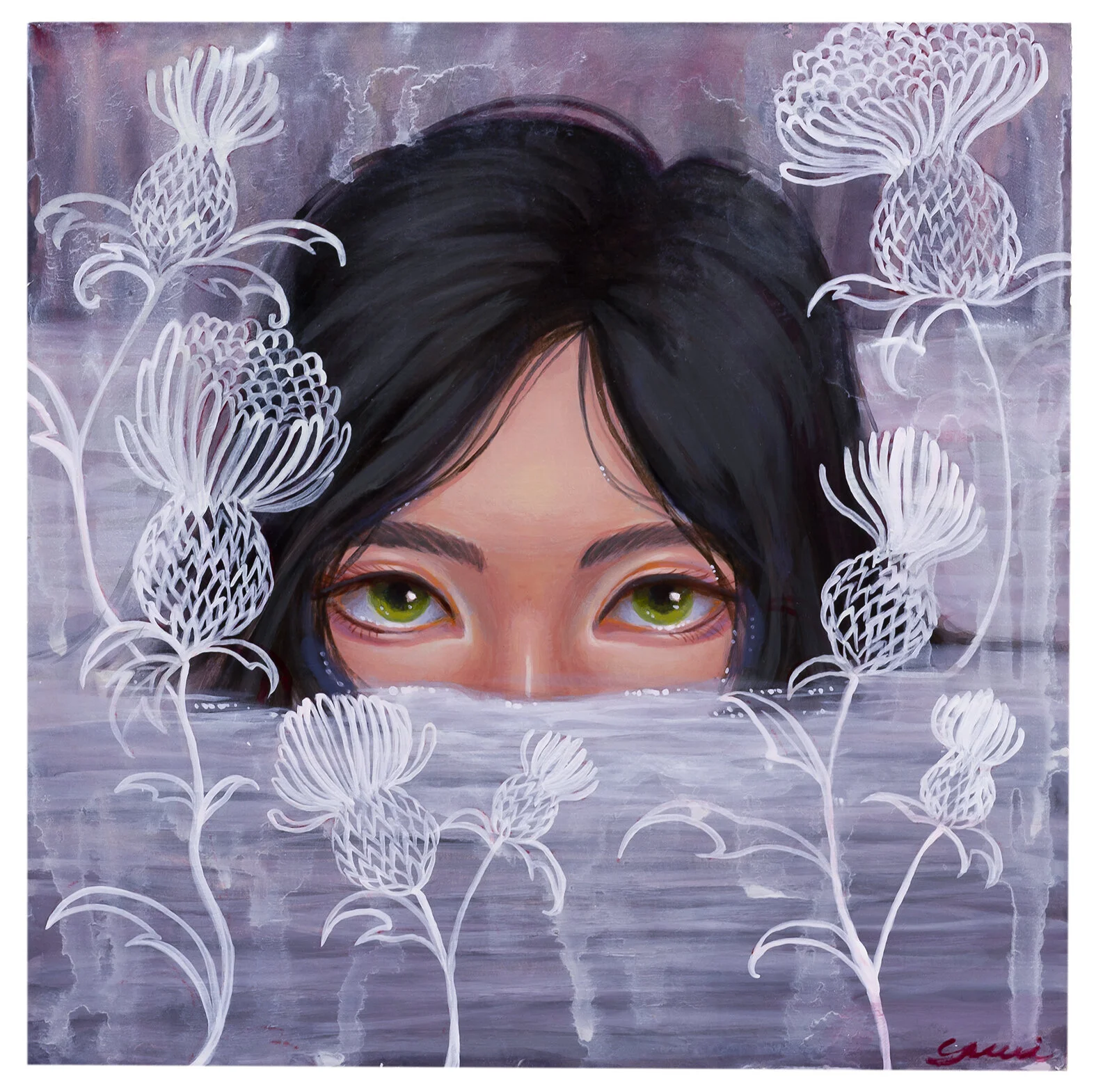 Painting of a woman with black hair and green eyes peeking out from behind a water surface, surrounded by white floral designs.