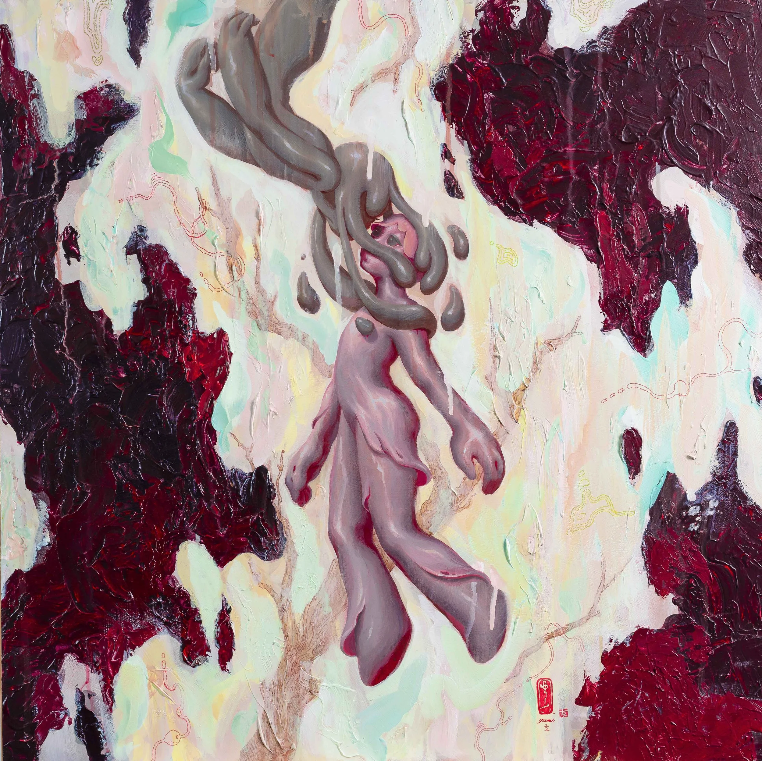 A surreal painting of a humanoid figure with snake-like hair, blending into abstract red, cream, and pastel background elements.