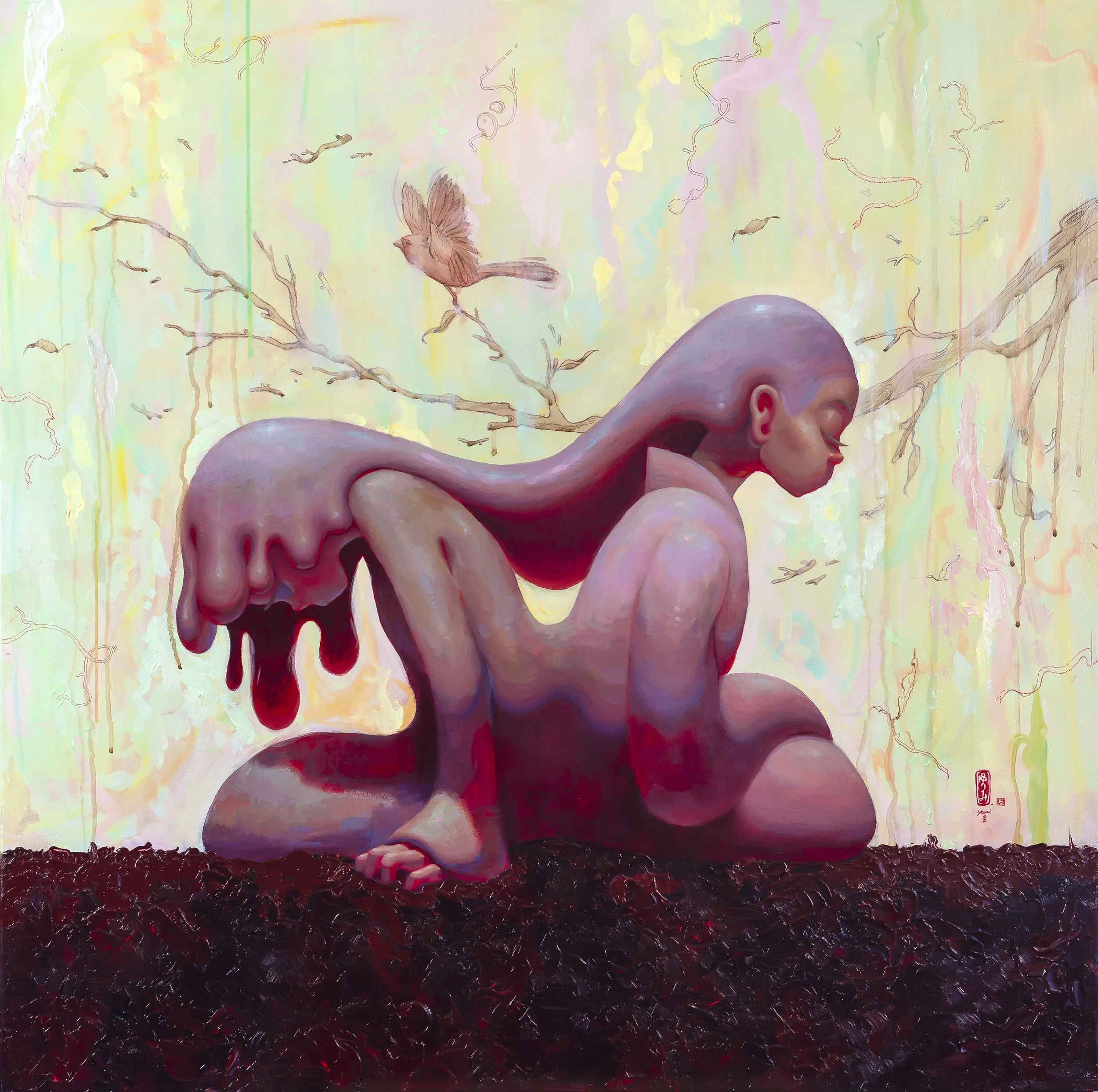A surreal painting depicting a human figure kneeling on the ground with a large, melting, slime-like substance on their back. The figure has a calm, contemplative expression with closed eyes and a bald head. The background features a pastel-colored s