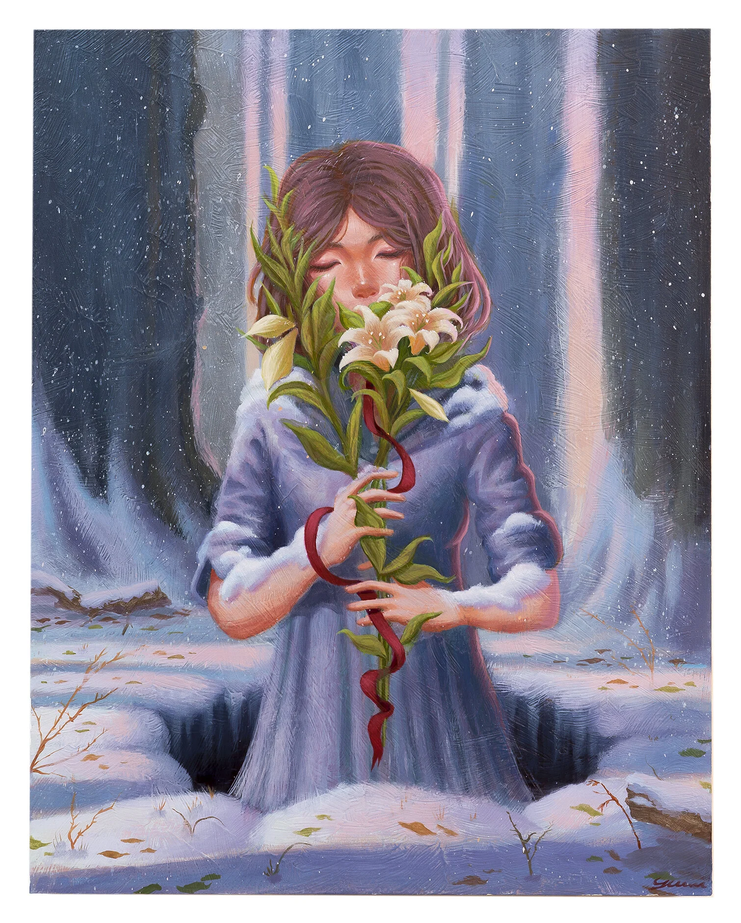 A girl with closed eyes holding a bouquet of white lilies, surrounded by a snowy landscape with trees and rocks, and standing in a hole in the ground.