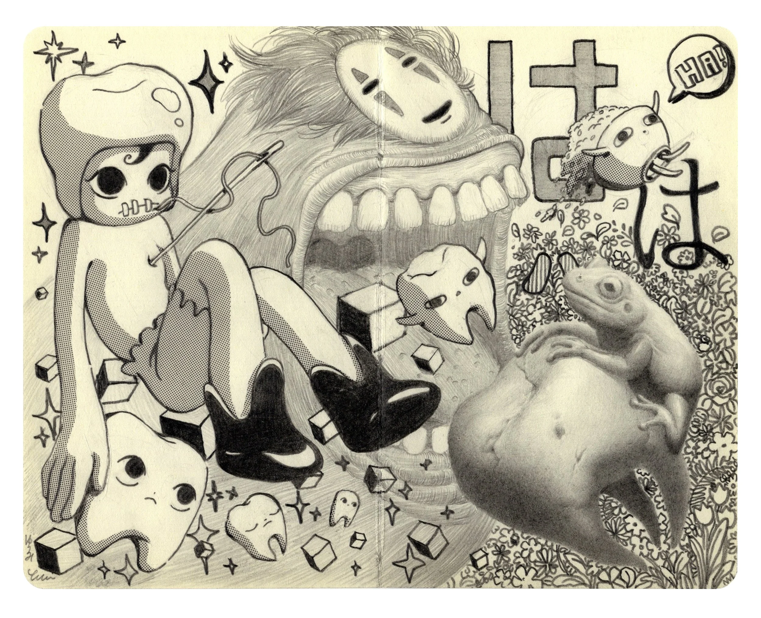 A surreal black and white drawing featuring cartoonish teeth with faces, small animals with expressive faces, a large open mouth with a face, a fish, a frog, and abstract shapes and patterns.