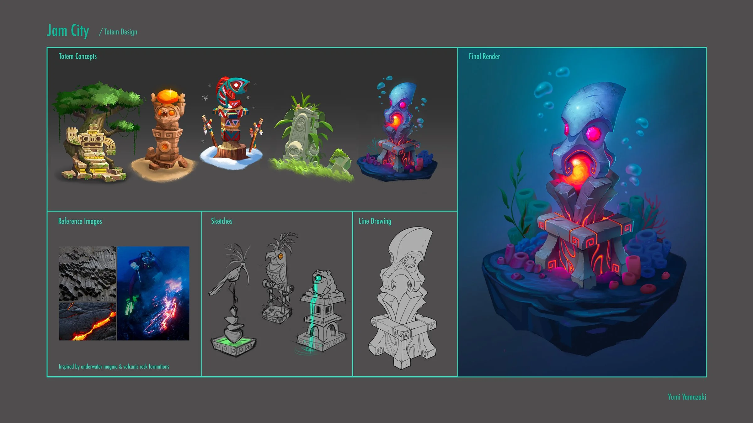 Design board for Jam City totem sculpture, featuring concept art, reference images of underwater magma volcano formations, sketches, line drawing, and final render of a mystical totem with glowing pink and orange accents, surrounded by coral, underwa