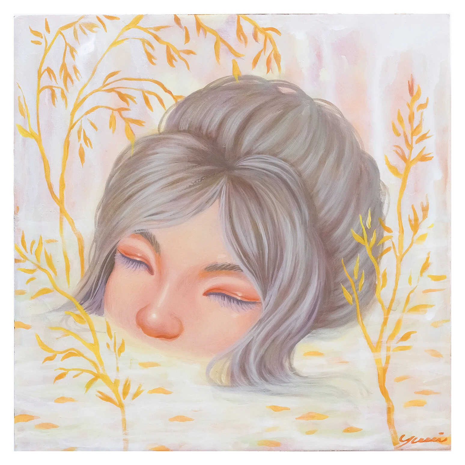 A watercolor painting of a young woman with light gray hair resting her head on a surface, eyes closed, with orange eyeshadow and soft facial features. Orange and yellow branch-like patterns frame her face, blending into the background.