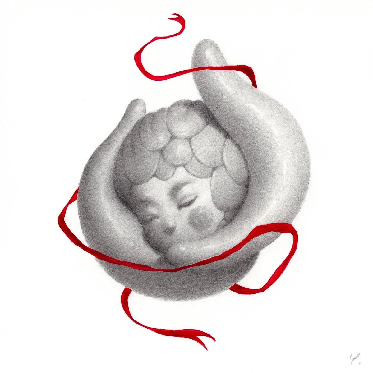 A pencil sketch of a hand holding a baby's face, surrounded by grape-like bubble shapes, with red ribbon-like elements encircling the composition.