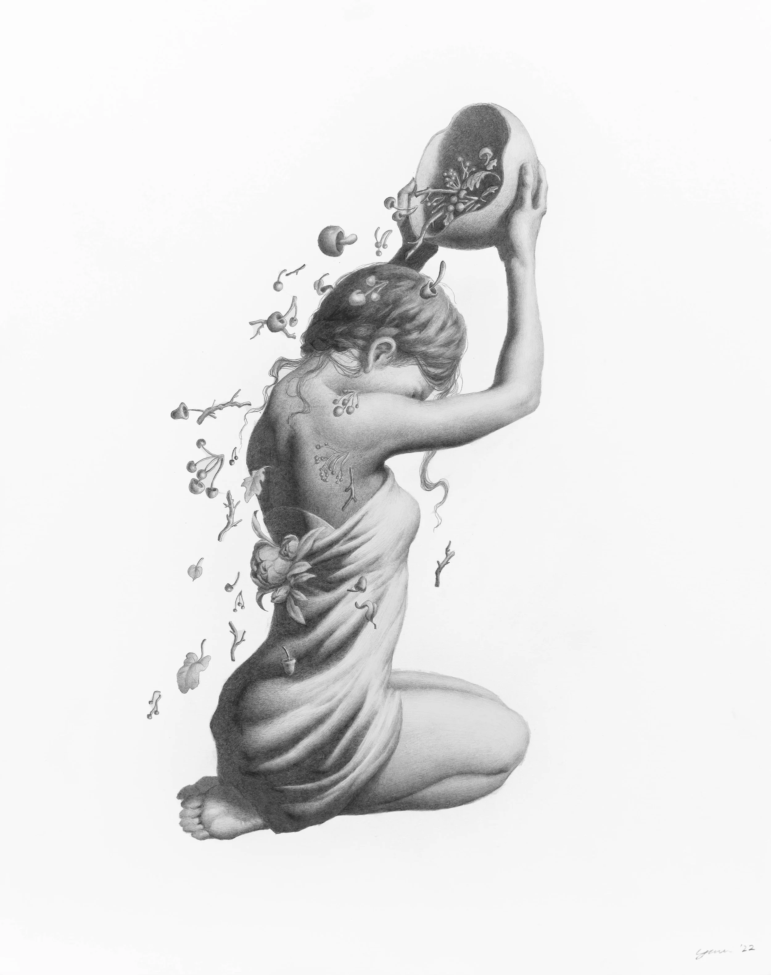 A pencil drawing of a woman kneeling with her head bowed and arms raised holding a large, cranium-shaped object. Her back and shoulders are covered with drawings of bones and anatomical structures. The image evokes themes of introspection, anatomy, a