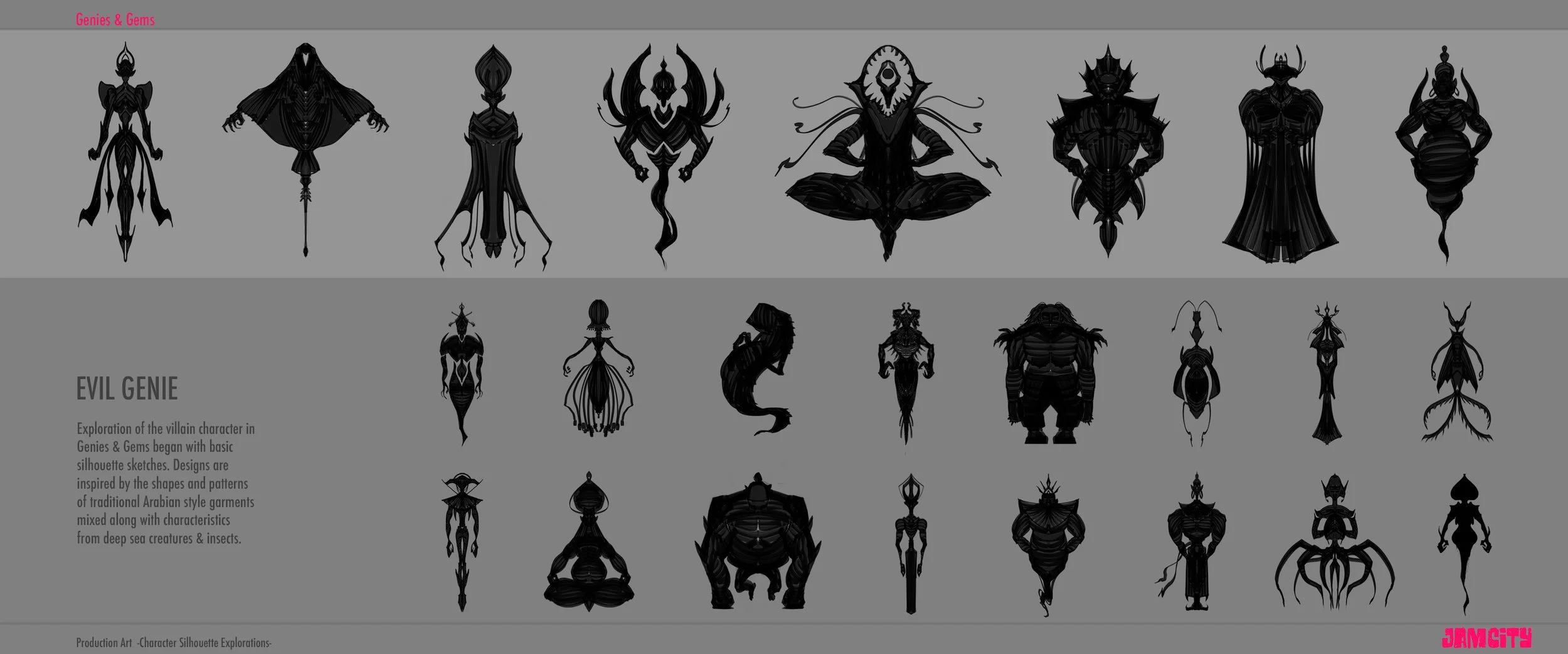 Silhouettes of villain characters inspired by traditional Arabian style and deep sea creatures, with the label 'Evil Genie' and description of the character design process.