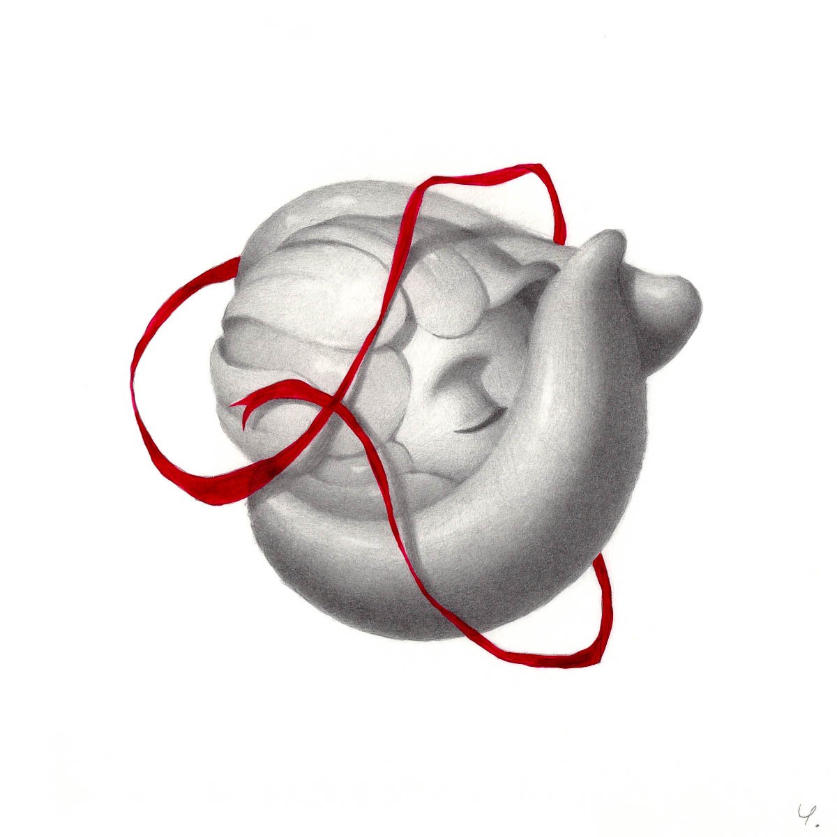 A white 3D model of a human heart with a red ribbon wrapped around it against a plain white background.