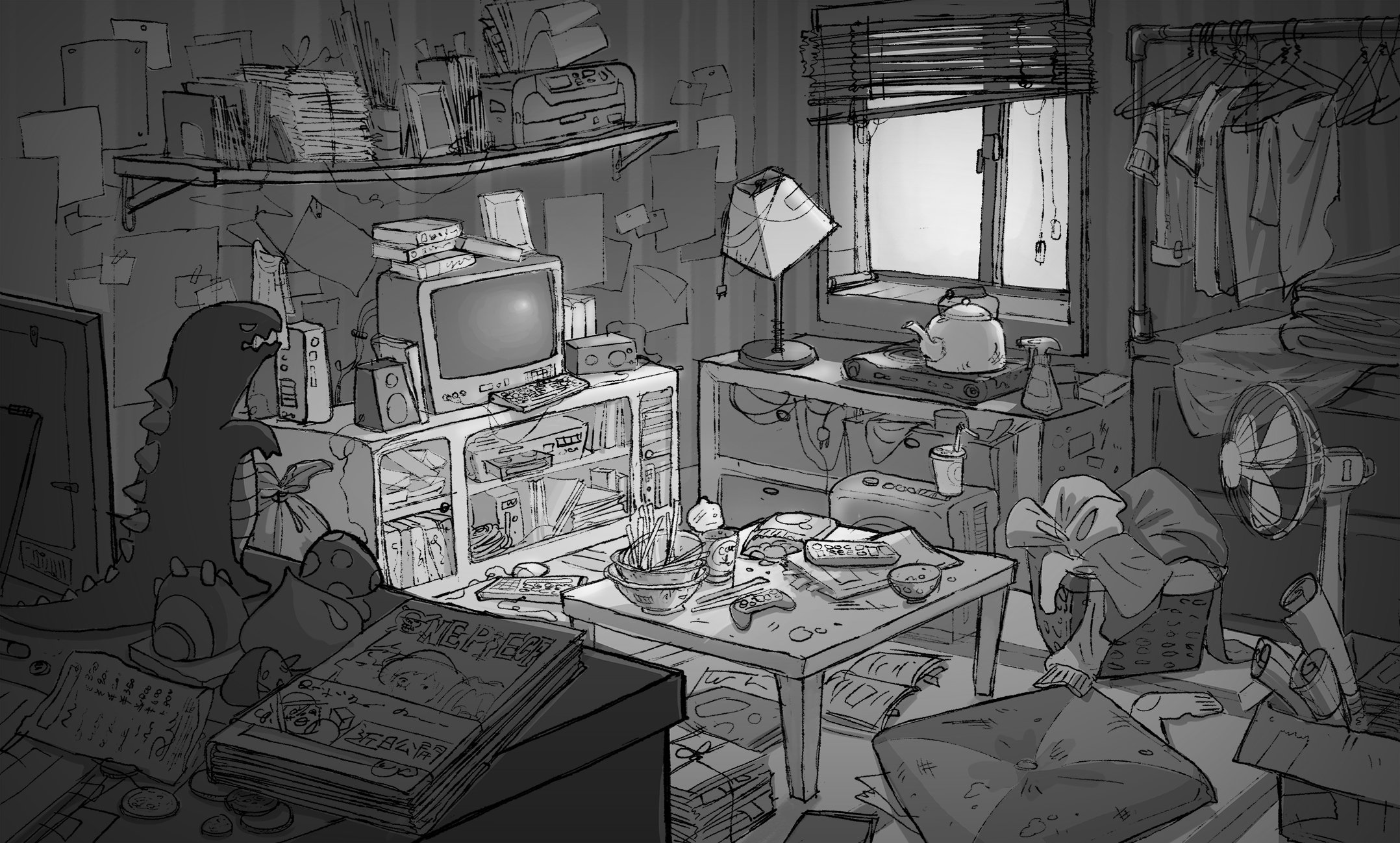 A cluttered, messy room with a dinosaur plush toy, scattered books, soda cans, a bowl of snacks, and various objects on a table. The room has a window with blinds, a desk with a lamp, a TV, and a bed with blankets. The walls are decorated with papers