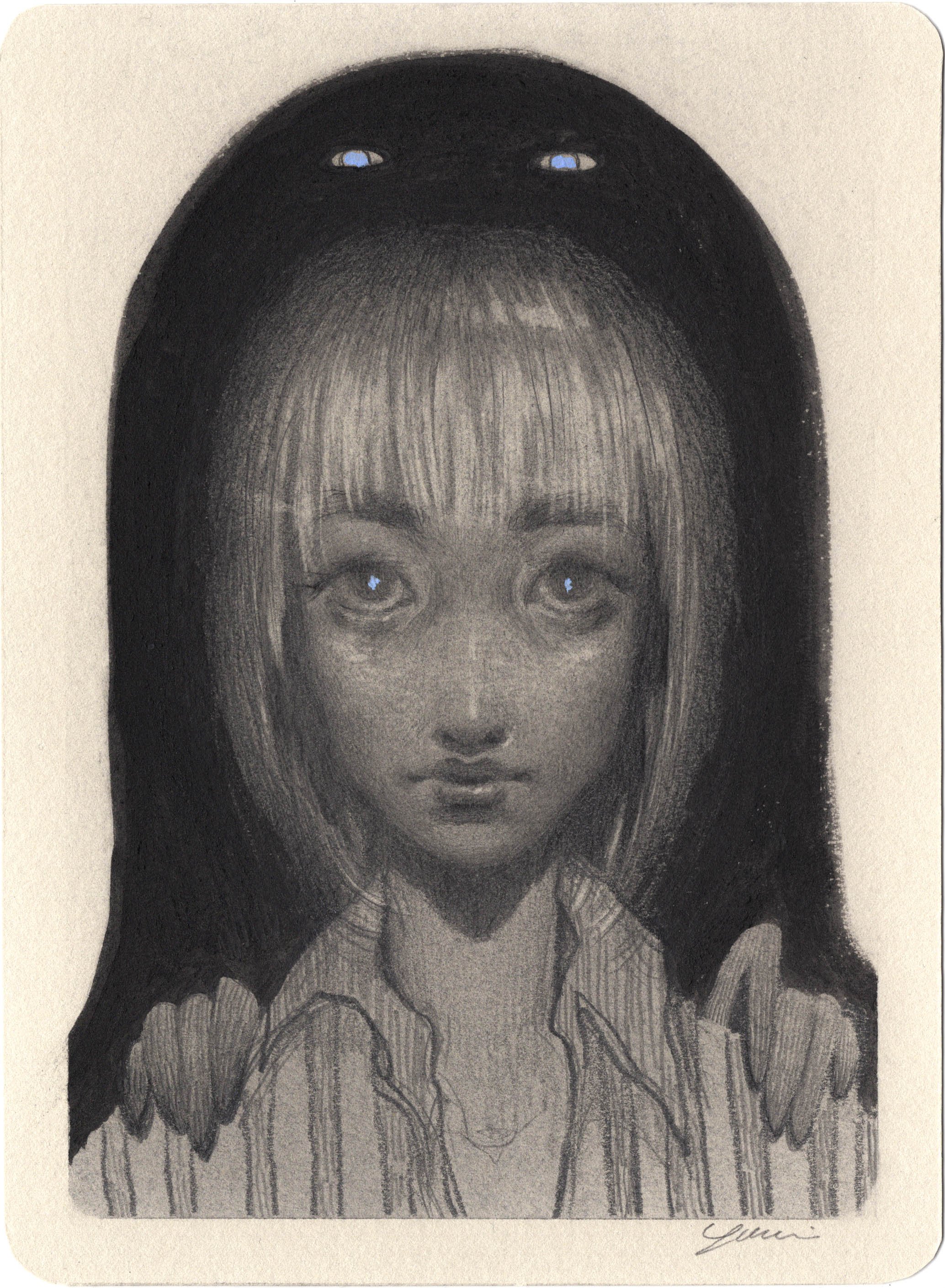 A black-and-white drawing of a woman with long hair and bangs, with a large, dark out-of-focus head or object above her head. The woman has intense eyes, a neutral expression, and is wearing a striped shirt with a collar.