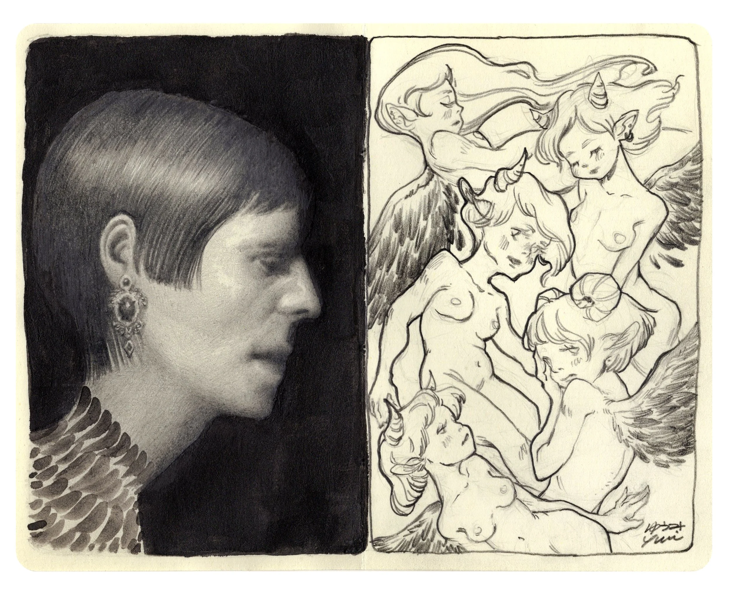 A realistic graphite portrait of a woman with short hair and earrings on the left, and a fantasy line drawing of multiple female unicorn-like creatures with wings and horns on the right.