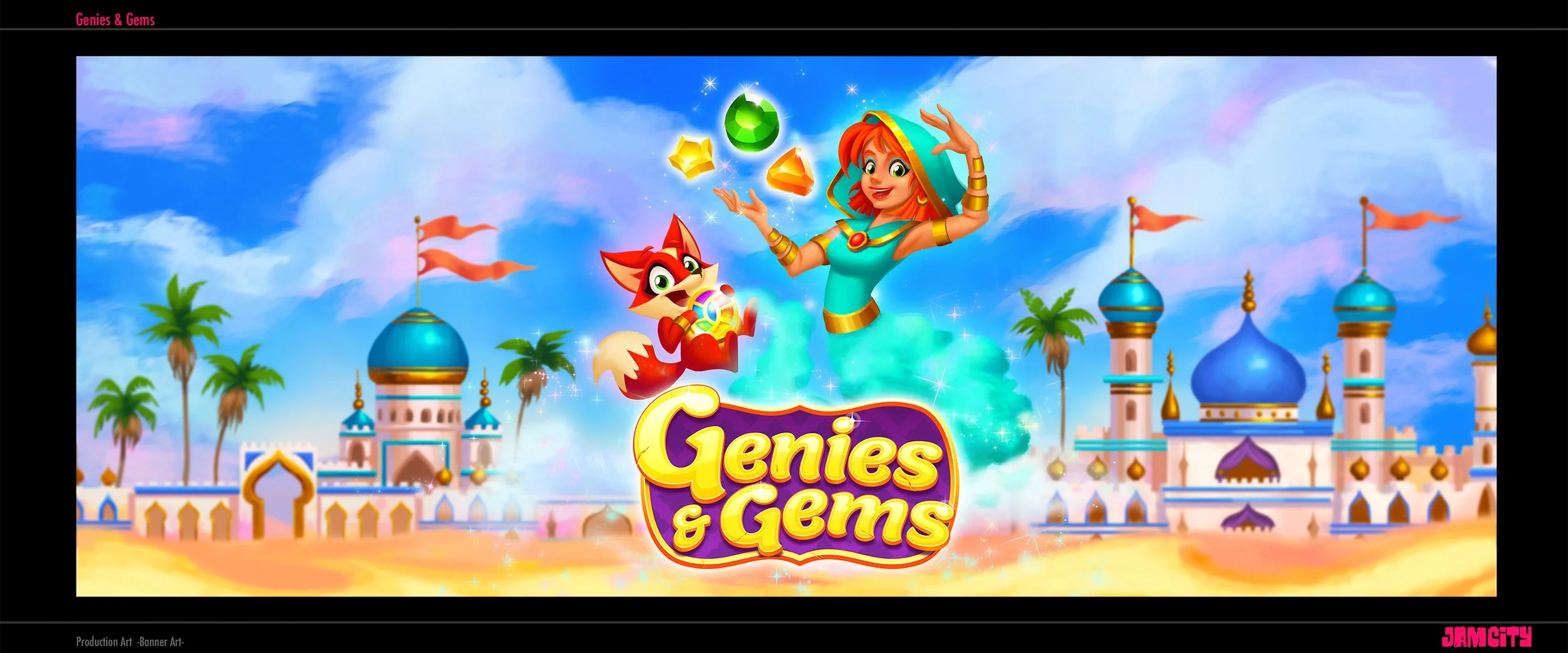Fantasy scene with a smiling woman and a cartoon fox character surrounded by colorful, glowing gems in front of a palace with blue domes and red flags, with palm trees and a bright blue sky in the background. The text 'Geniuses & Gems' is prominently