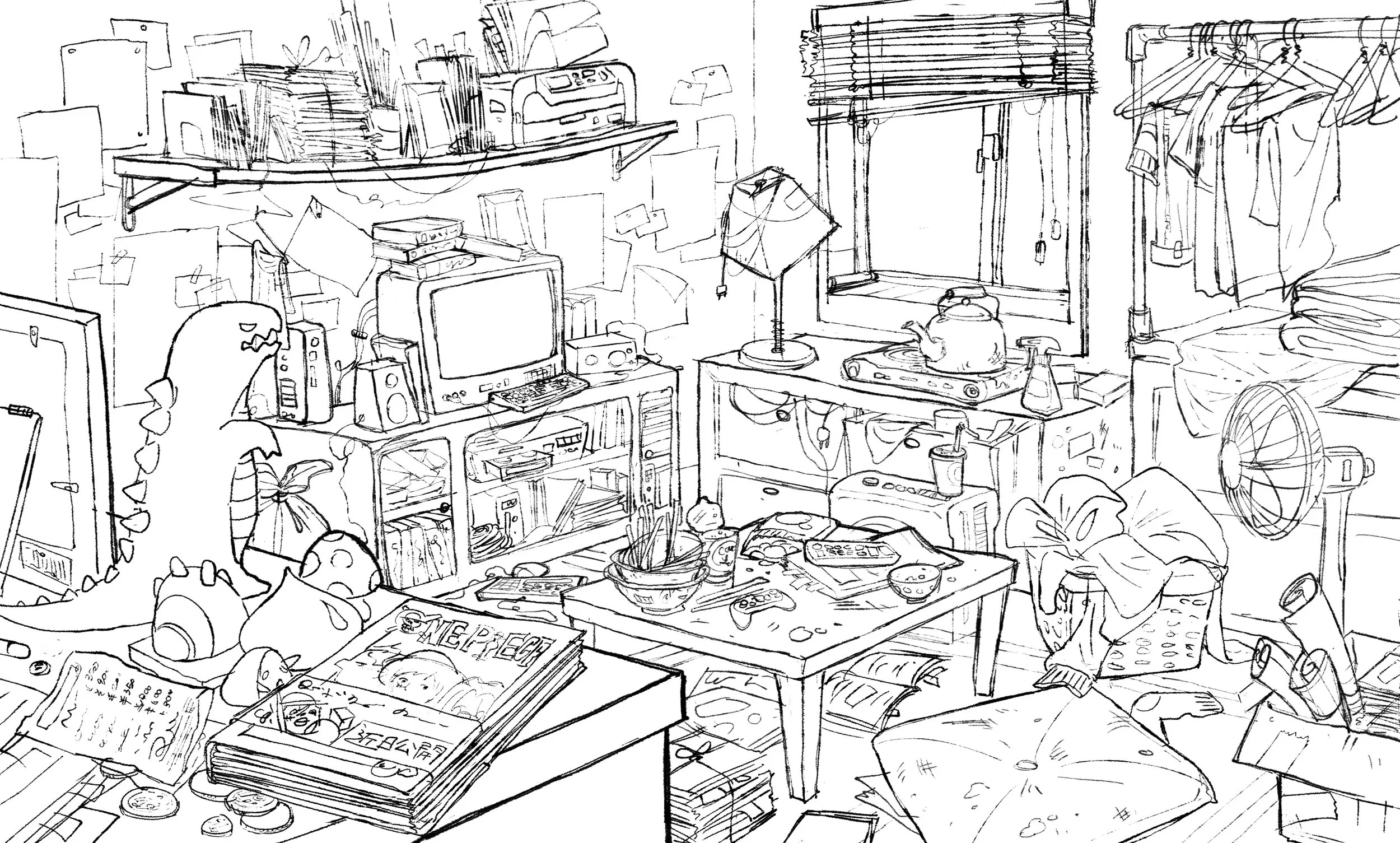 A cluttered, messy room with a variety of objects including books, magazines, electronic devices, and household items, with a window and a bed visible.