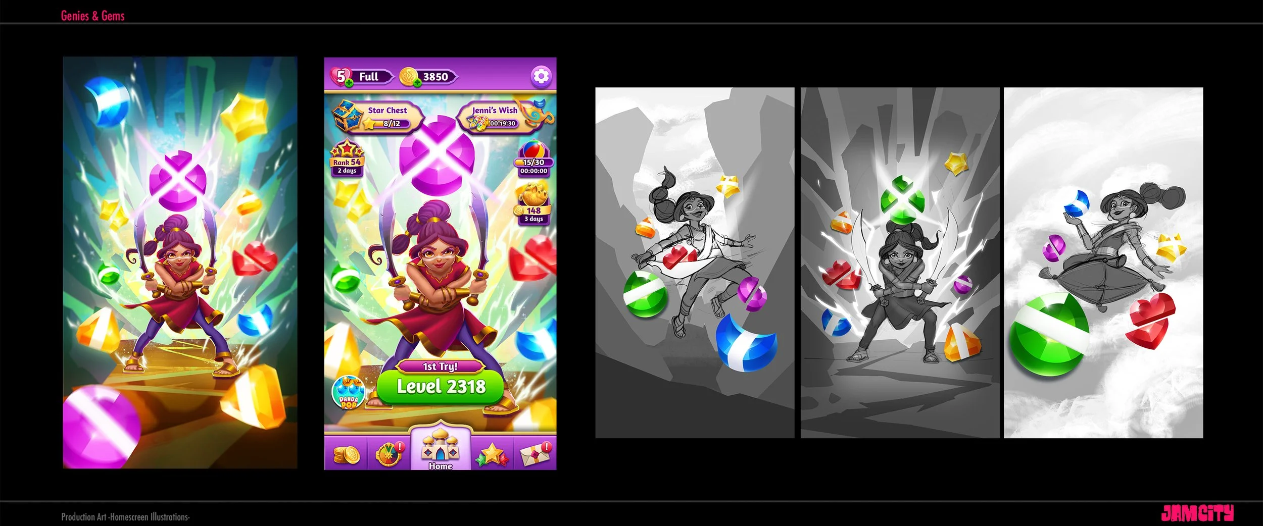 Comparison of colorful game app screens and black-and-white concept sketches of a girl jumping with gemstones, with the title "Genes & Gems" at the top and "JAMCITY" at the bottom.