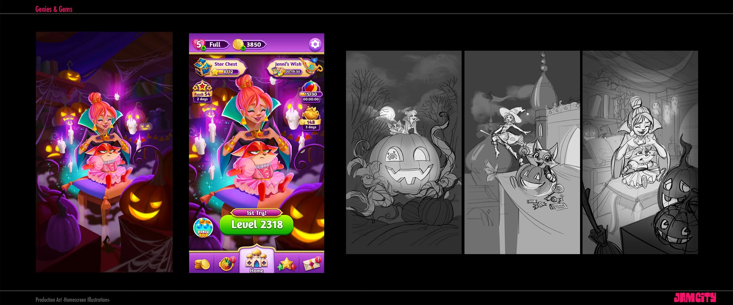 Colorful Halloween-themed mobile game interface featuring a cartoon girl with pink hair and a pink dress, surrounded by glowing candles and carved pumpkins. The background is decorated with cobwebs and bat decorations. The image shows the game screen