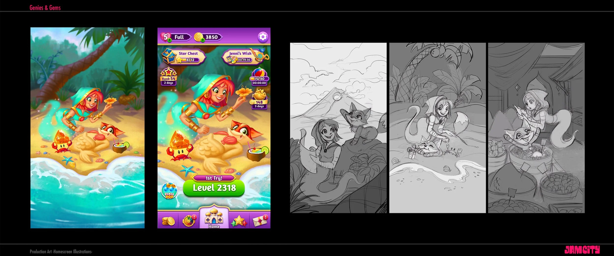 Comparison of video game character screen, including colorful cartoon characters on the left and sketches of the same characters on the right.