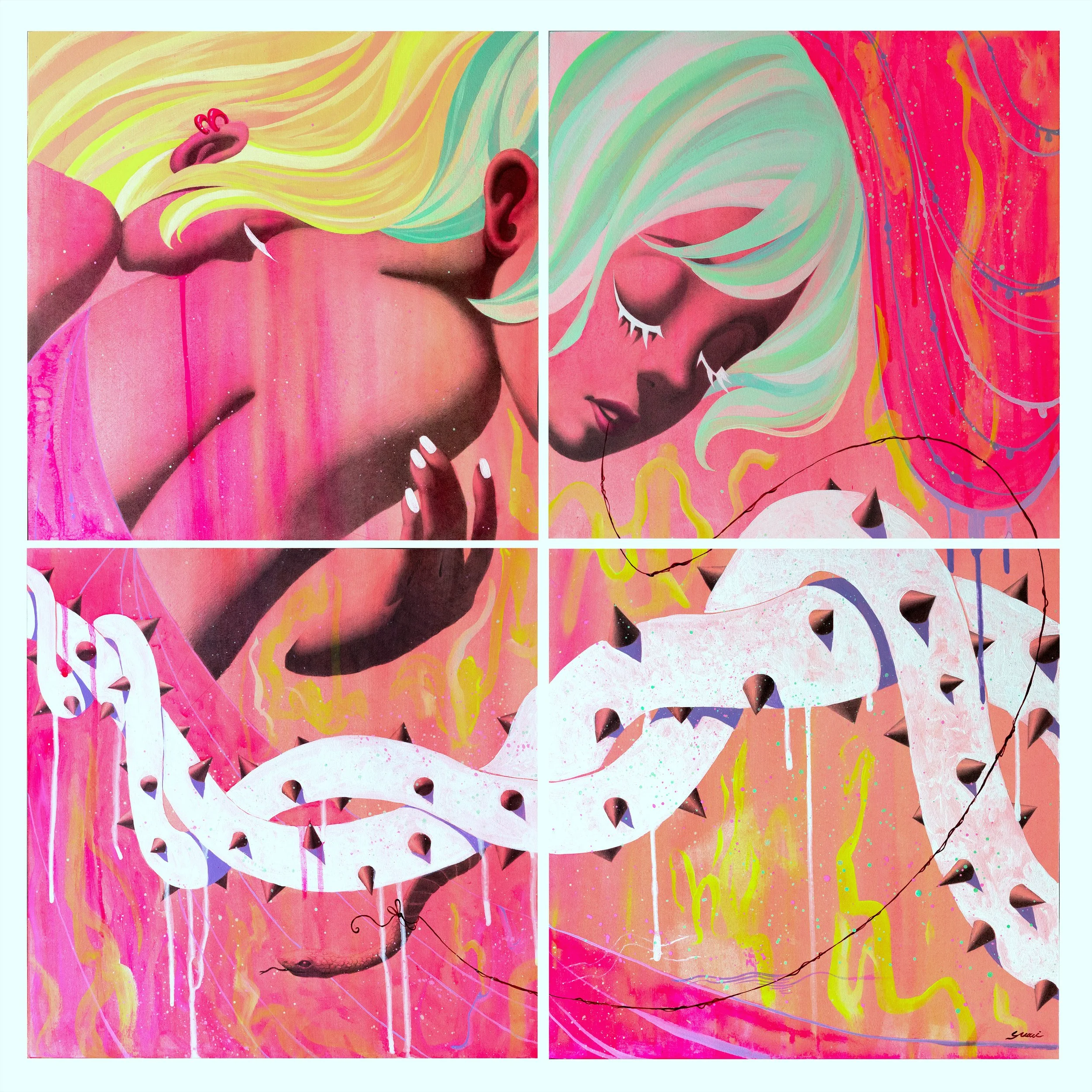 Colorful street art mural of a woman with pastel hair, closed eyes, and long lashes, holding her head with one hand. The background is pink and orange with artistic drips, lines, and patterns, and features a white, spiked, DNA-like strand.