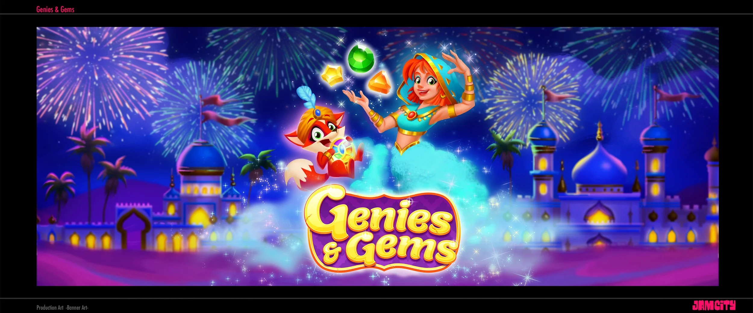Colorful game cover for 'Genies & Gems' featuring a smiling female genie with orange hair, wearing a blue outfit and gold jewelry, floating above a purple palace with fireworks in the background. A small fox creature with a jewel-studded collar is al