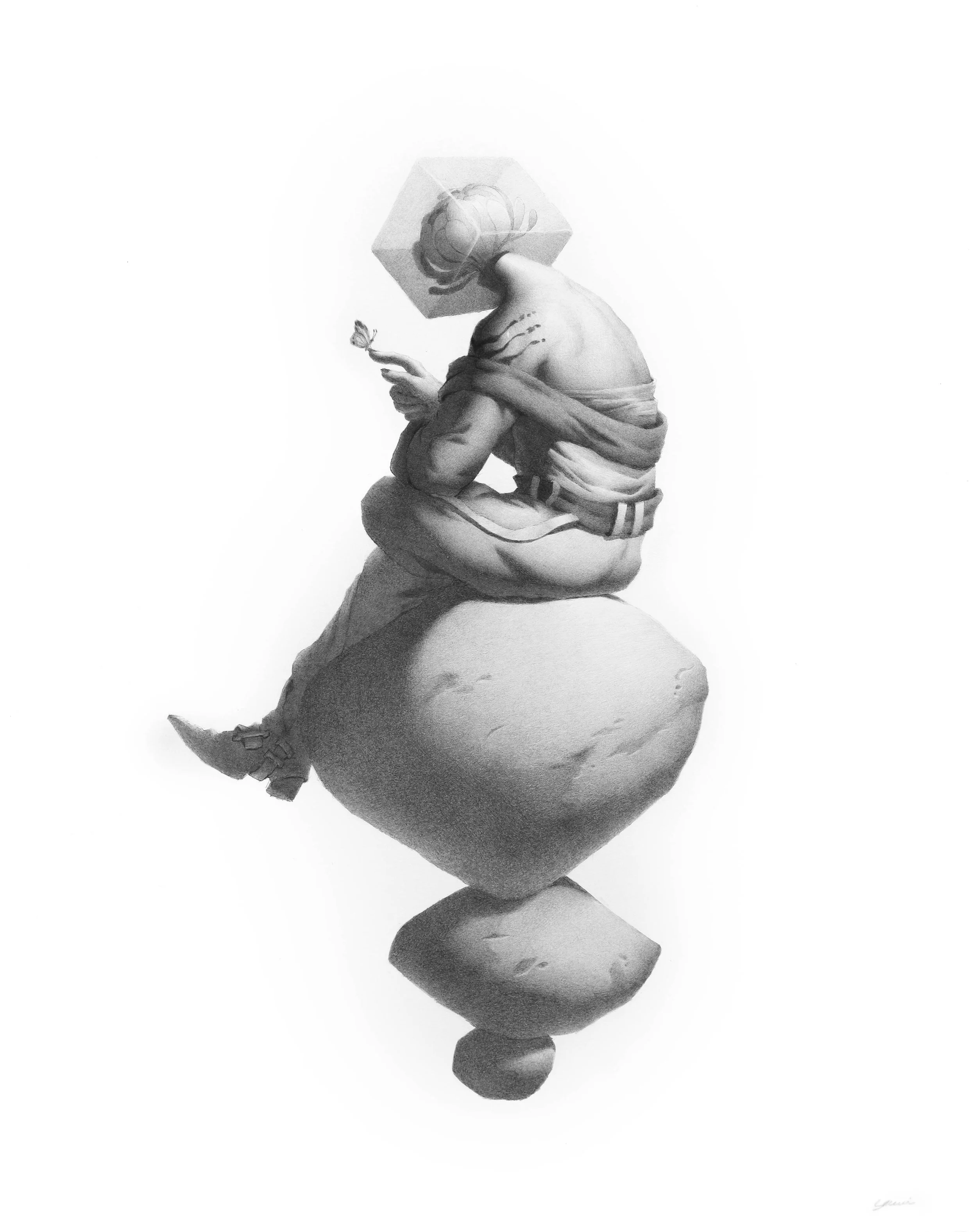 Black and white illustration of a person sitting cross-legged on an abstract floating rock, with a cube-shaped head, holding a small flower, and a large, rounded rock below.