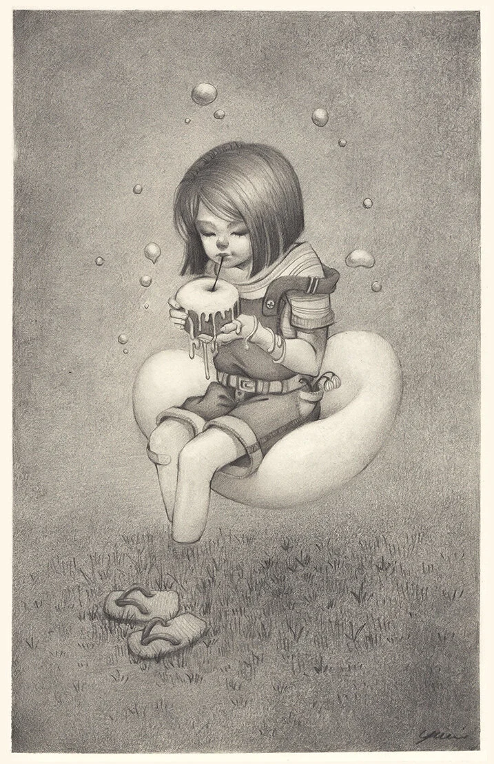 A detailed pencil sketch of a young girl sitting on a cloud holding a melting apple with a straw, with bubbles floating around her and shoes on the grass below.
