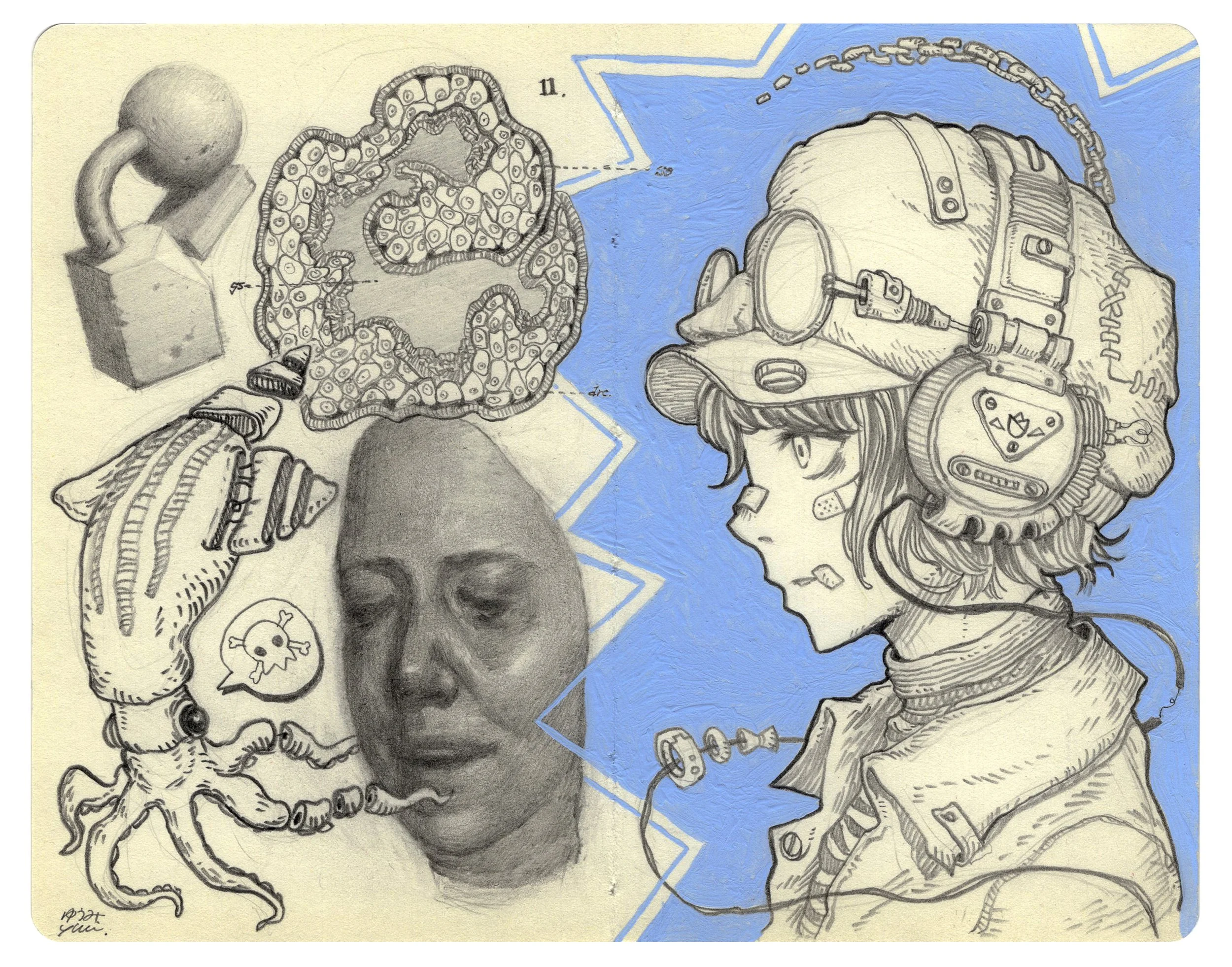 A drawing featuring a young girl with a futuristic helmet and goggles, a realistic woman's face, a neuron illustration, and a small speech bubble with a skull and crossbones.
