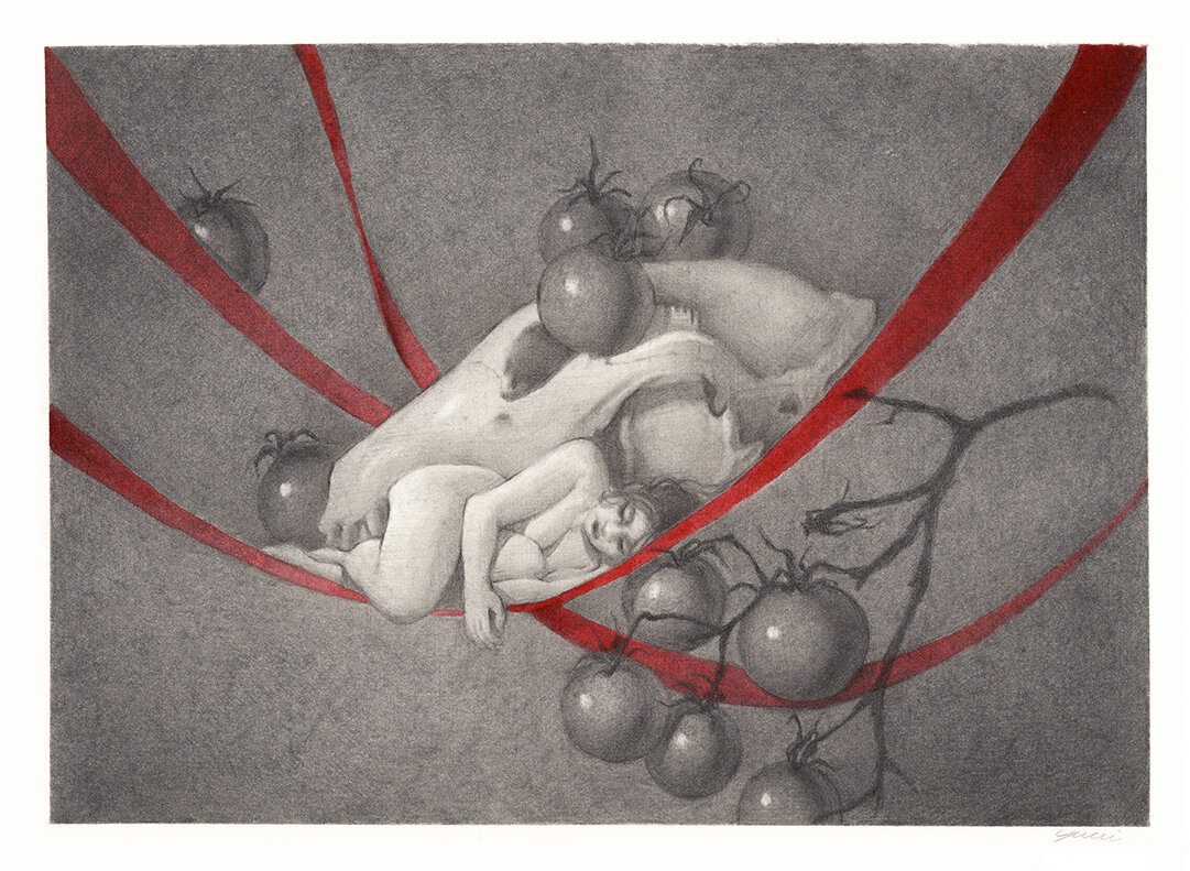 A grayscale drawing of a girl curled around a large tomato, surrounded by cherry tomatoes on vine, with red curved lines drawn across the picture.