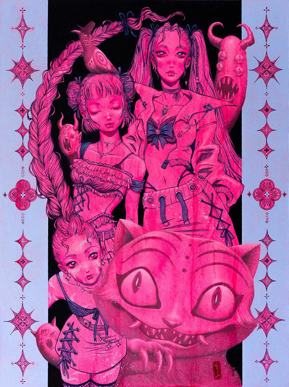Pink-toned illustration featuring four young women with distinct fashion styles, surrounded by fantasy elements like a large cat, a horned creature, and mystical patterns and designs.