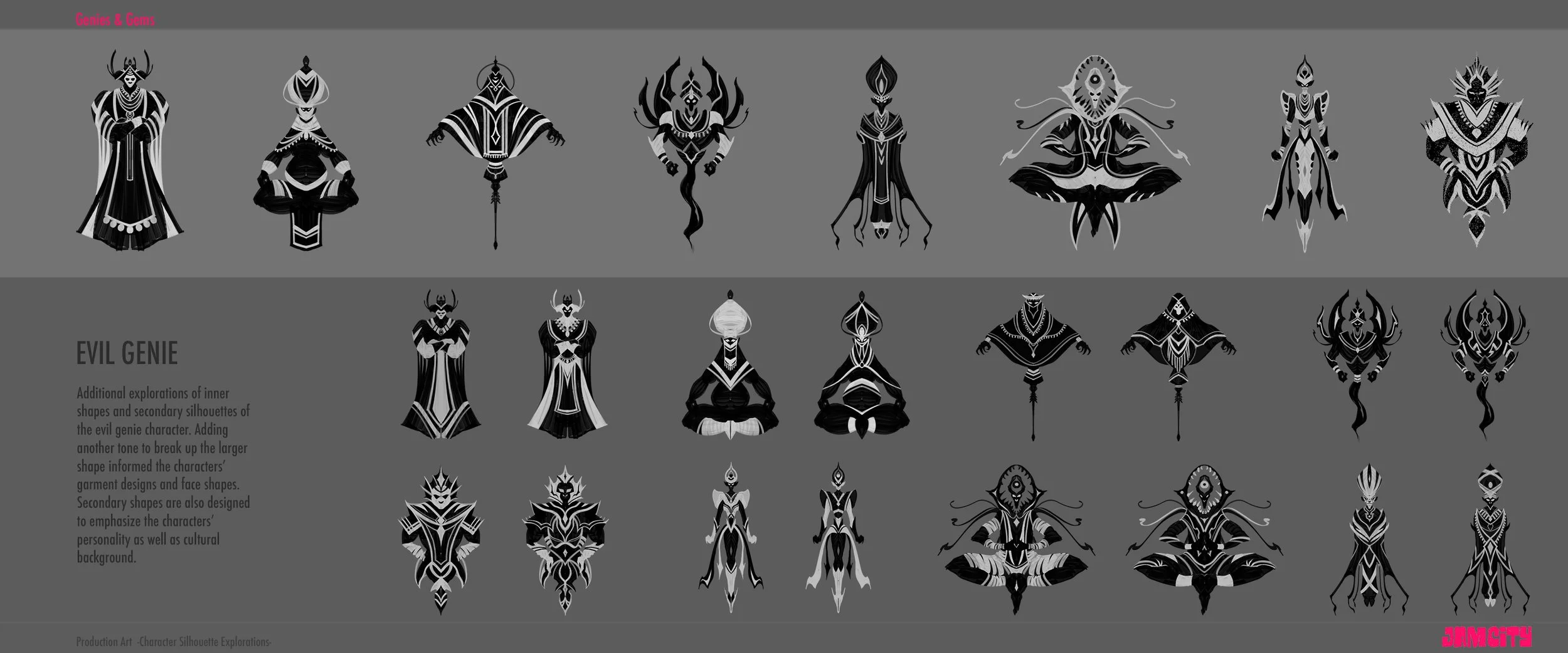 Collection of black and white character silhouettes titled "Evil Genie" with descriptive text about their design and personality traits, displayed on a grey background.