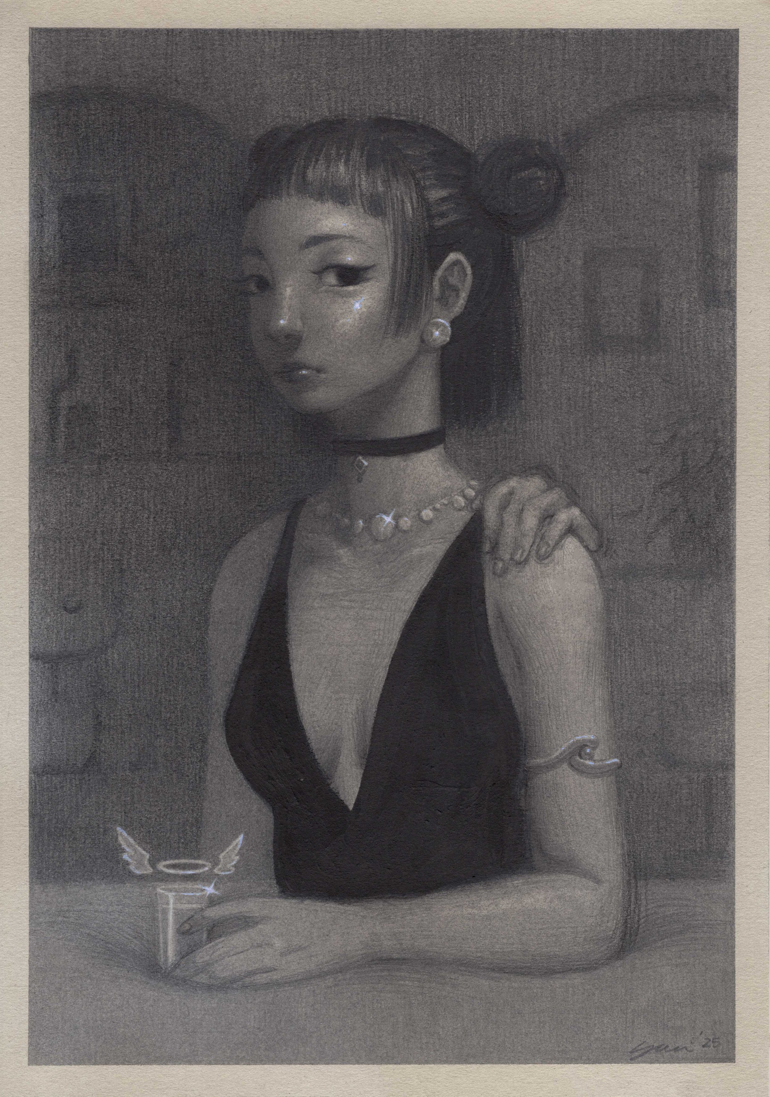 A black and white portrait of a woman with short hair styled in two buns, wearing a deep V-neck black dress, layered necklaces, pearl earrings, and an arm bracelet, sitting at a table with her hand resting on her shoulder and a glass with angel wings
