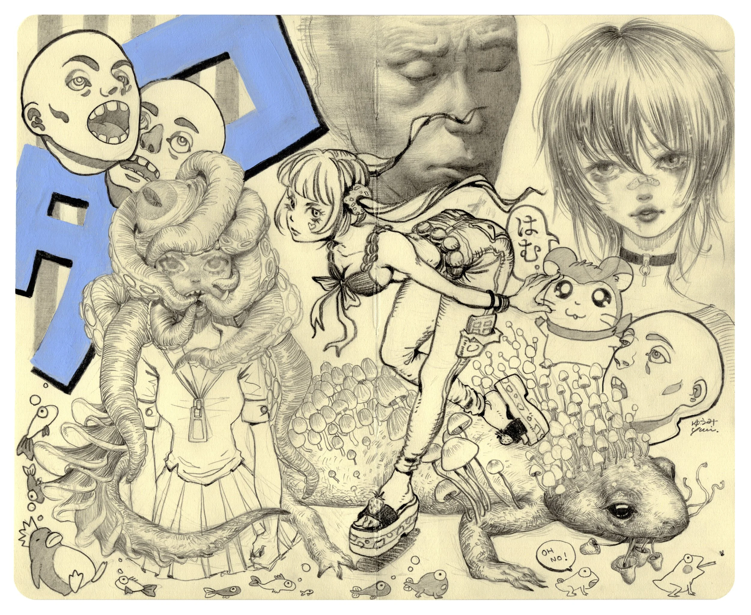 A complex collage of various sketches and drawings, including human faces, anime characters, a girl with a choker, a dog, rats, mushrooms, a dragon, and cartoon faces intermixed with some colored elements.