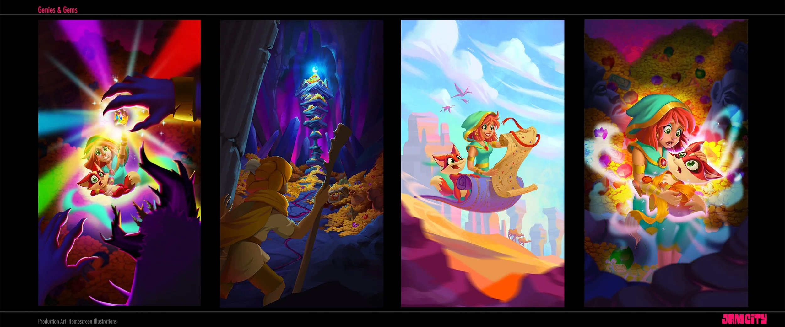 Four fantasy-style illustrations from the game JamCity, featuring a young girl with red hair and a green hood, along with her animal companion, in various adventures involving a shiny object, a mountain of gold, a flying boat, and treasure. The top o