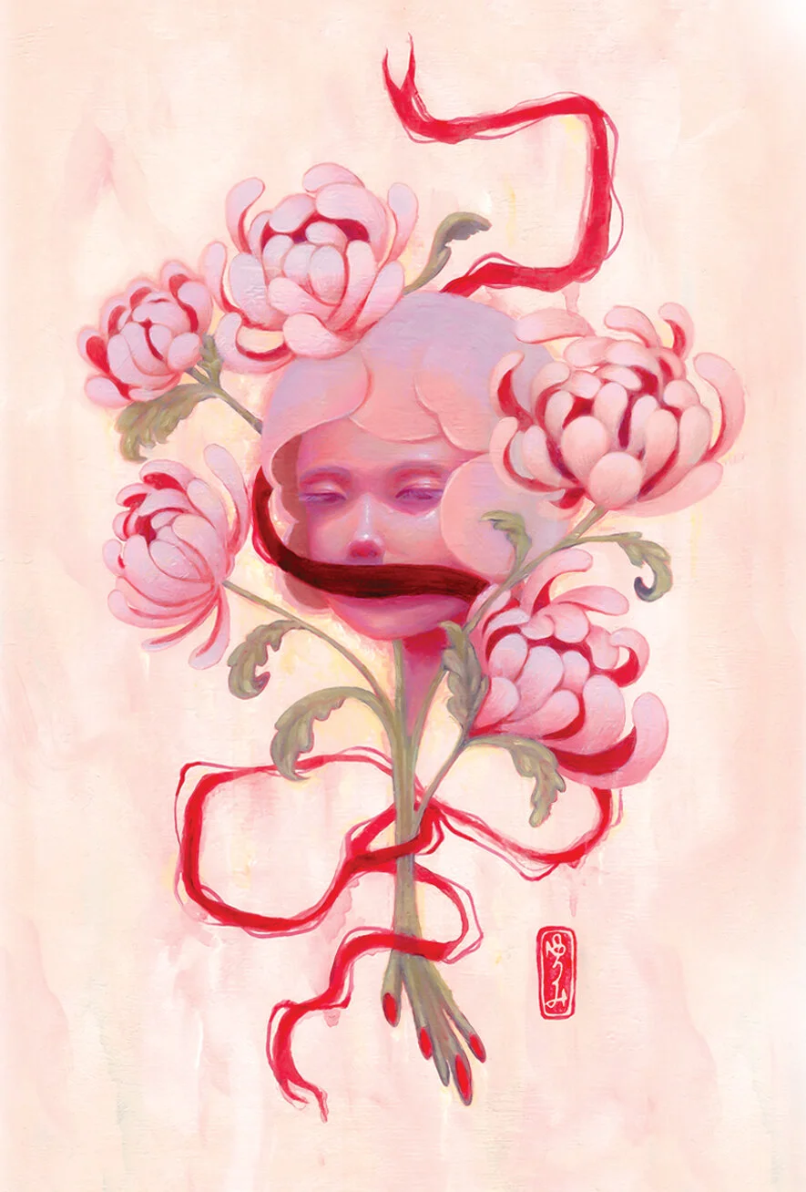 A surreal painting of a human face with closed eyes, surrounded by pink peony flowers, with red and green vines intertwining around the face and flowers.