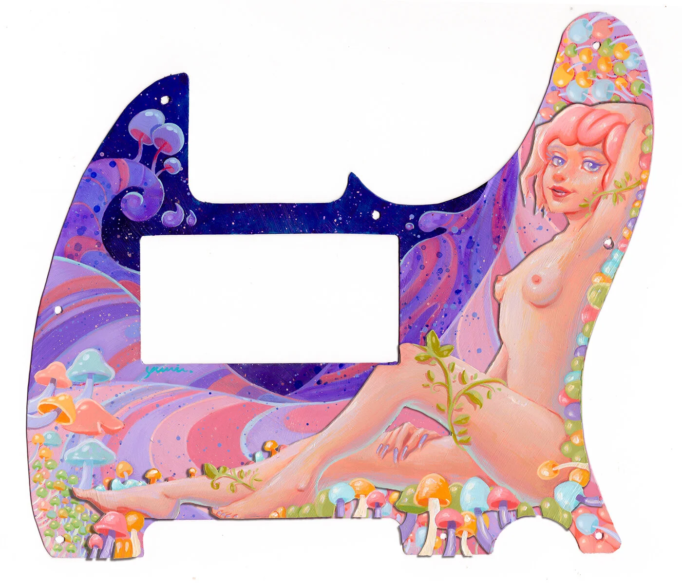 Colorful artistic illustration of a nude woman with pink hair, surrounded by mushrooms and swirling landscape, with cosmic and mushroom motifs on a frame shape.
