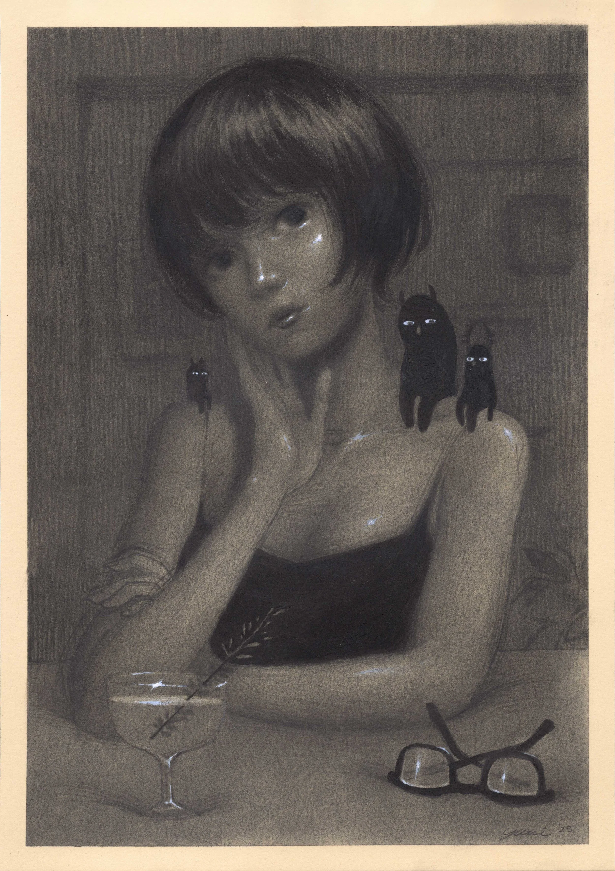 A woman with short hair sitting at a table, holding a drink with a straw, with three small black cat figurines on her shoulder, in front of a wooden background, with glasses and a branch on the table.