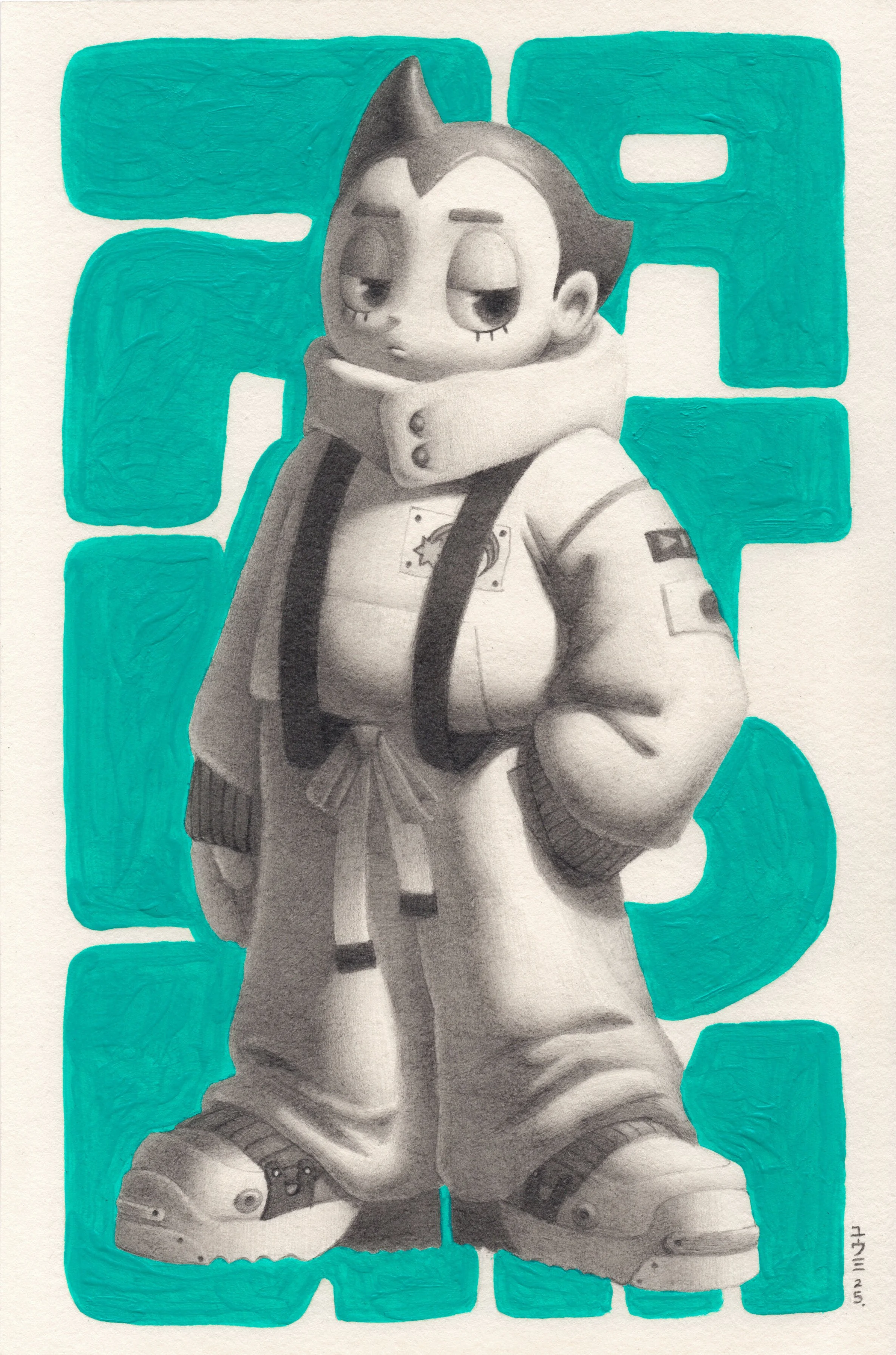 A black and white illustration of a character in a spacesuit with a cat head, standing with hands in pockets, with a teal background pattern of connected blocks.