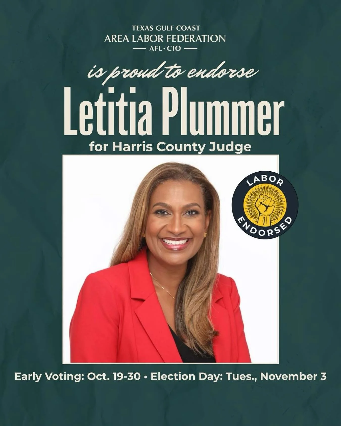 The Gulf Coast AFL-CIO is proud to endorse Dr. Letitia Plummer for Harris County Judge.

Dr. Plummer has long been a champion for working people across our community, most recently through her leadership on the Houston City Council. She understands t