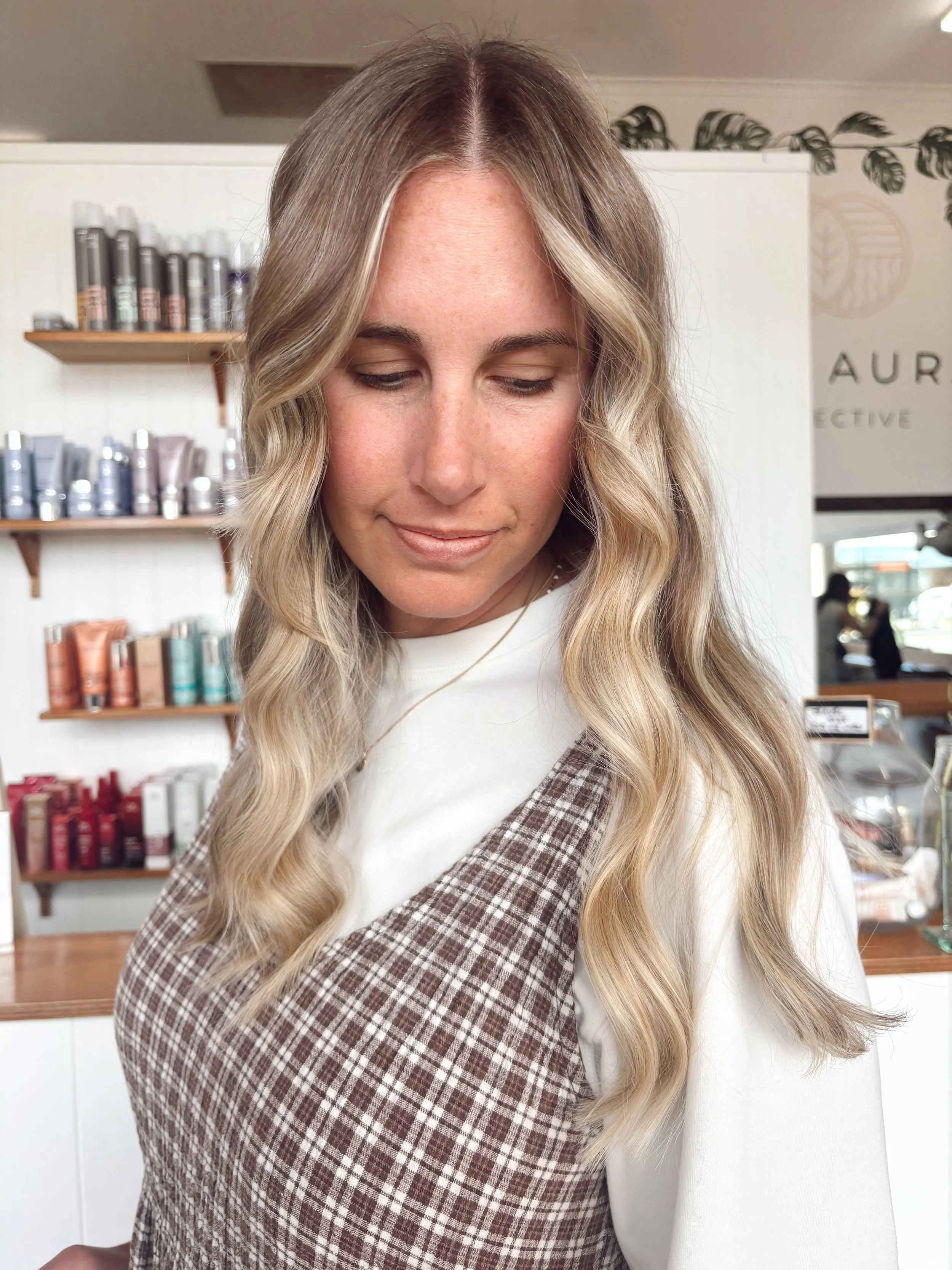 Blonde balayage client at Elle Aura Collective in Coolum Beach