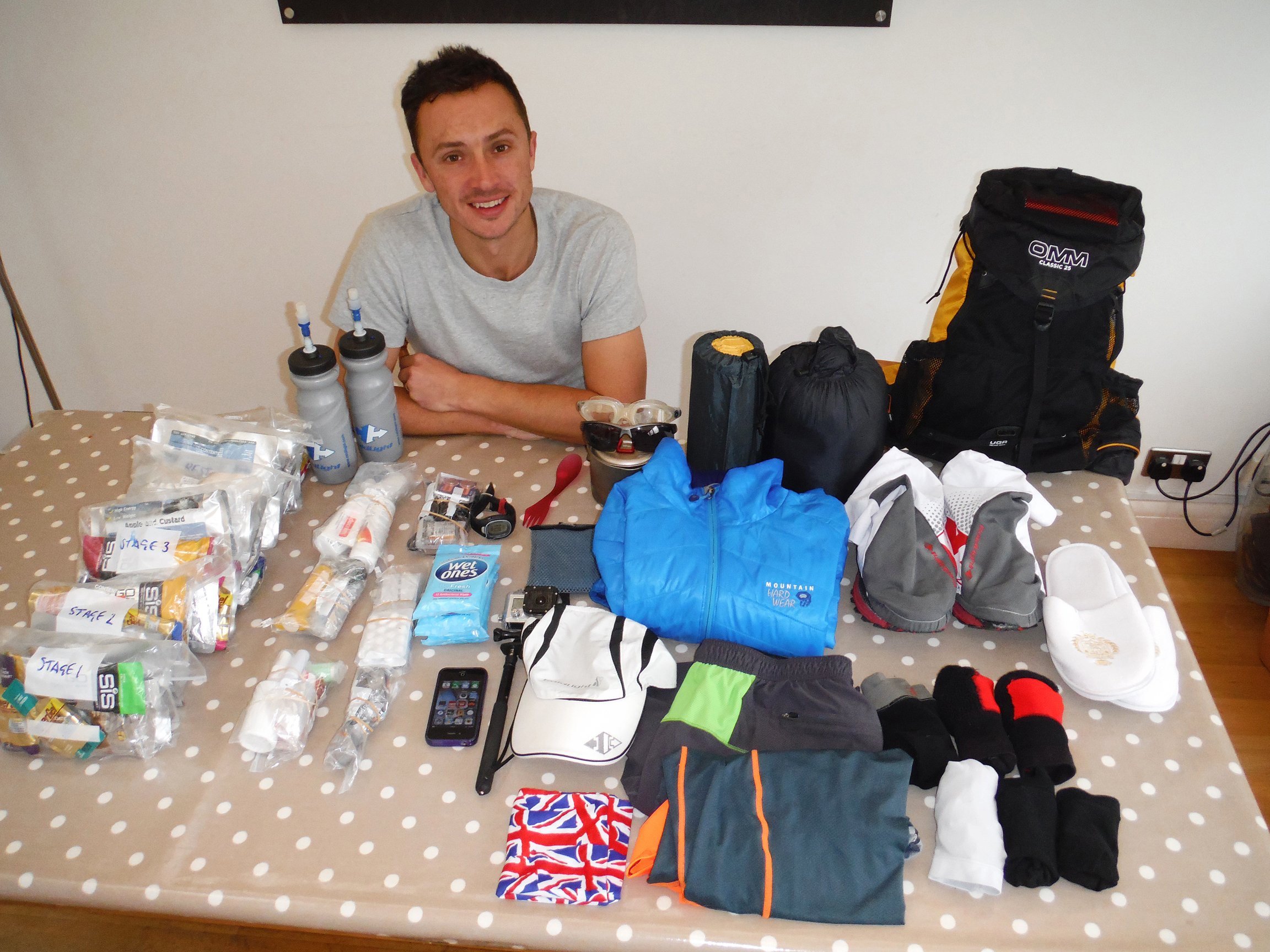 Everything I carried for the entire race, including all food, fitting in that little rucksack. It weighed 12kg at the start of the race and was about 6kg at the end once all the food had gone!