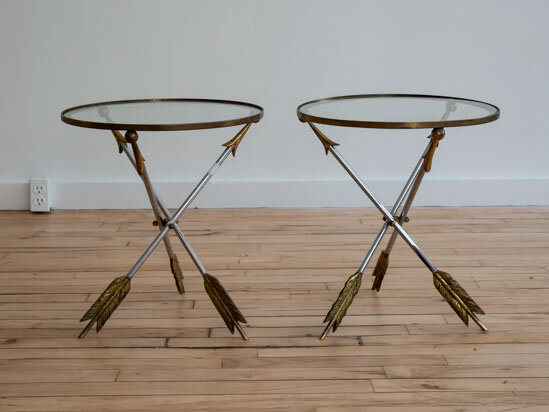 Pair of Neoclassical Metal and Glass Side Table