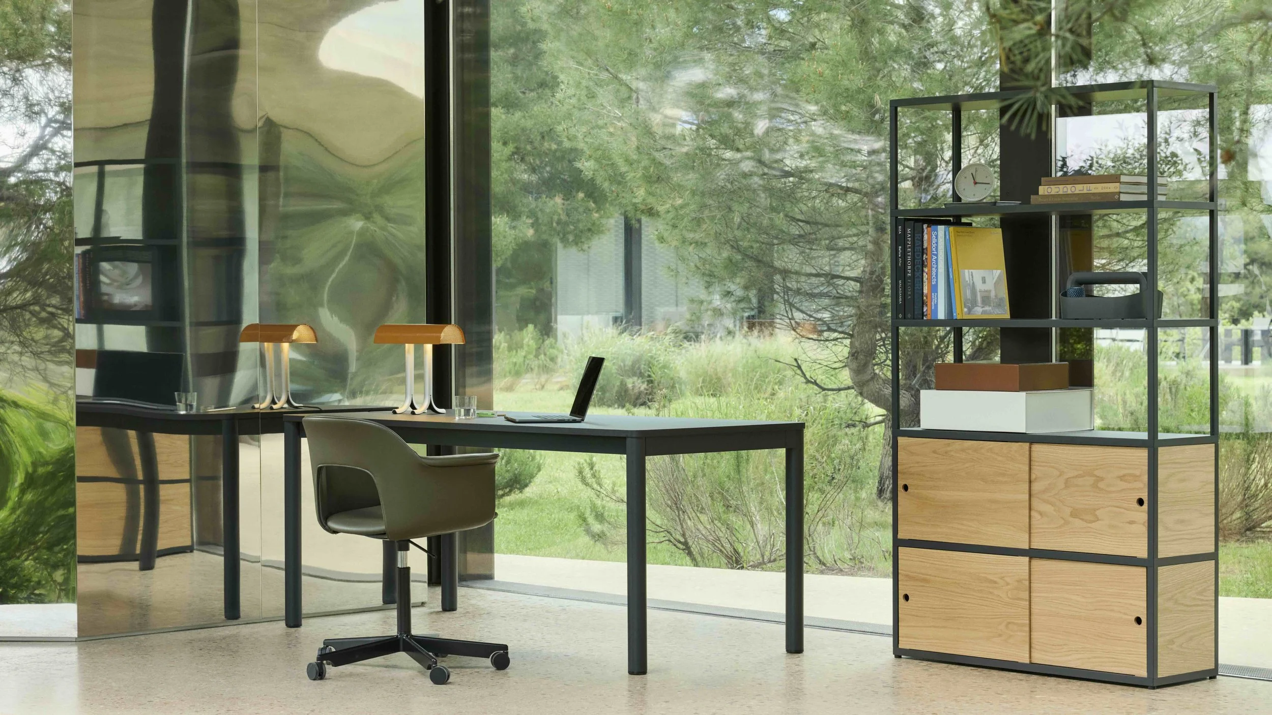 Layout Armchair 244 Grano caper green leather black base_Annex Table Flush dark grey lino black alu legs_New Order Comb 503.jpeg