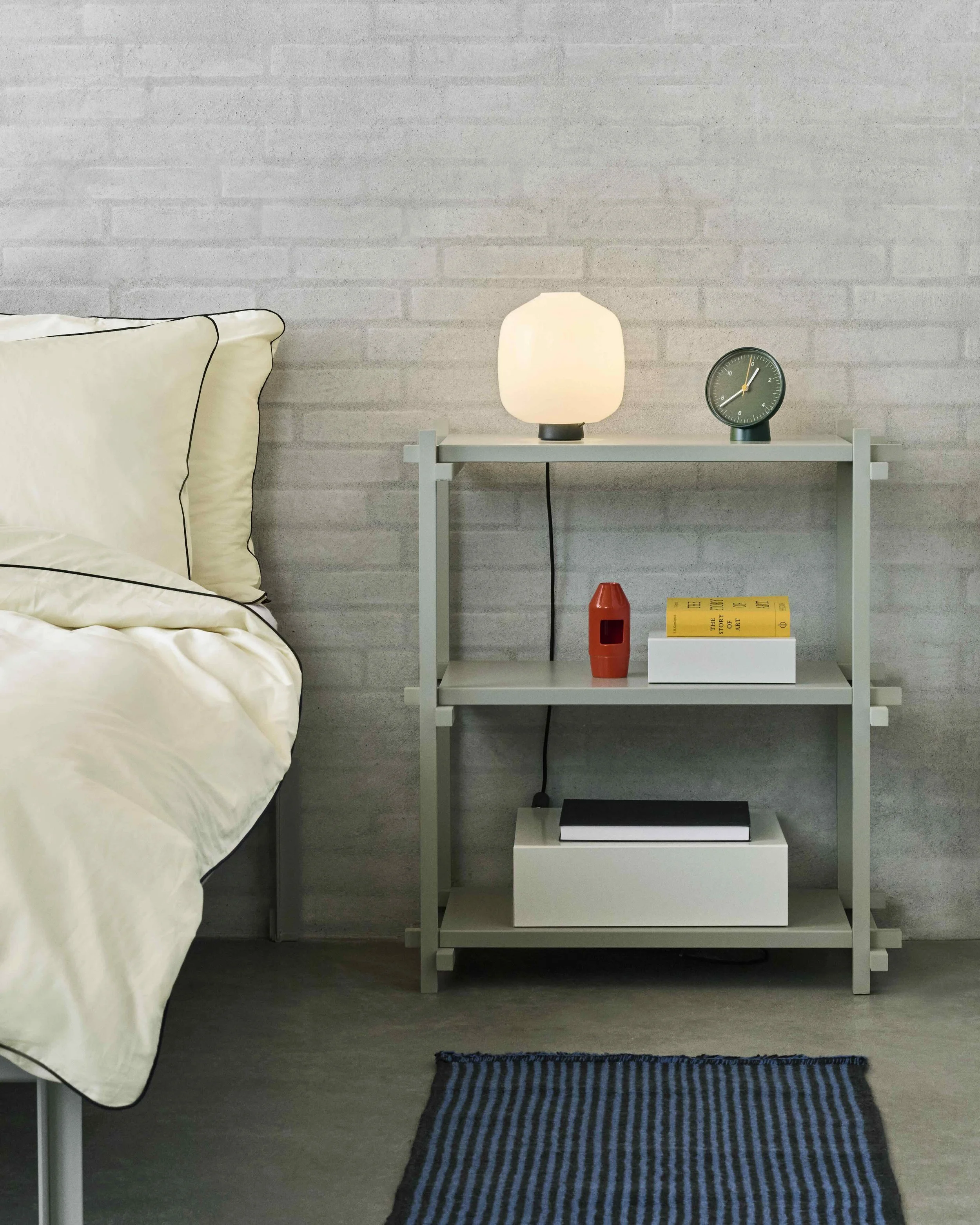 Woody Shelving Column Low 2.0 smokey grey_Aspekt Buoy Glass Table Lamp_Table Clock green.jpeg