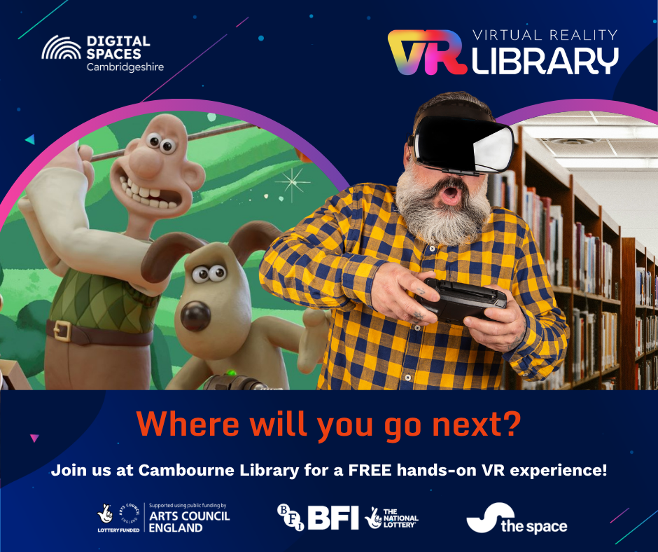 Wallace and Gromit playing golf while a person is playing on a VR headset.